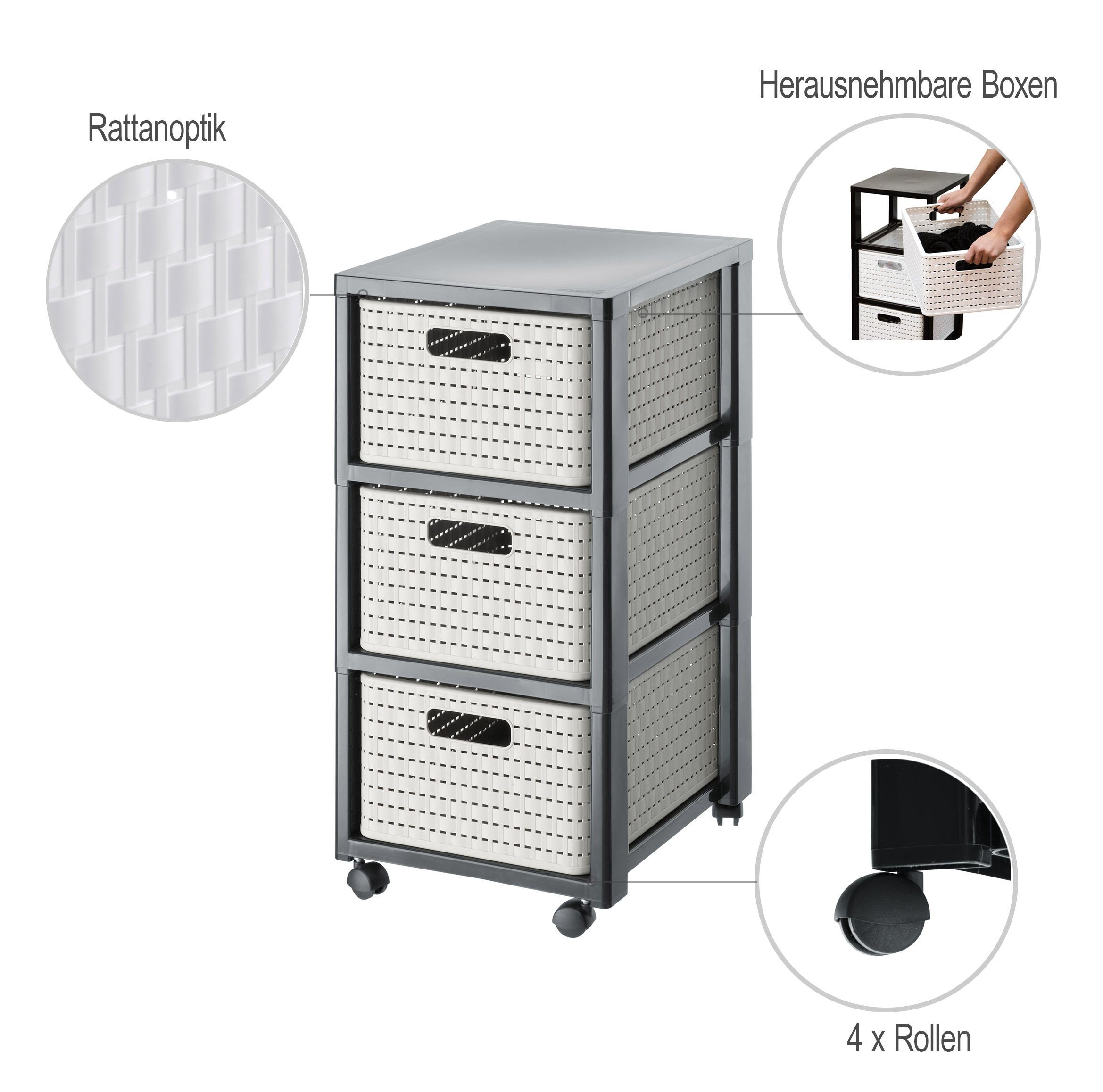ROTHO Aufbewahrungsbox Country Rollcontainer mit 3 Schubladen in Rattan-Optik