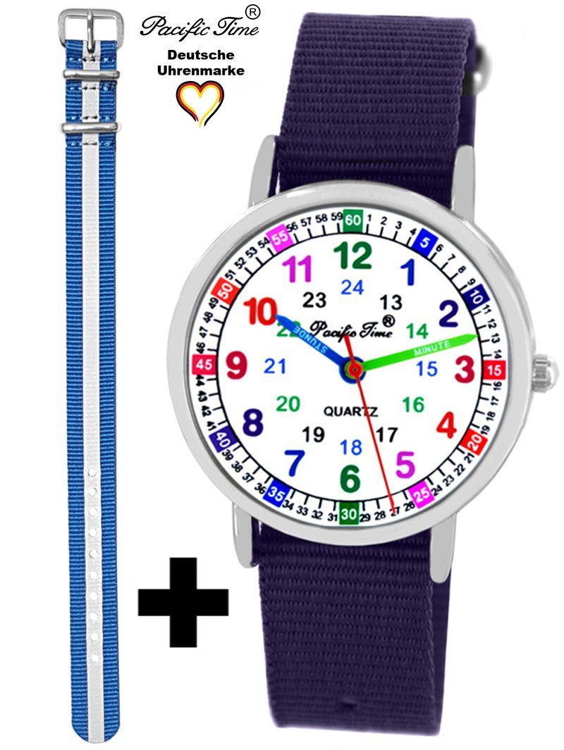 Pacific Time Quarzuhr Set Kinder Armbanduhr Lernuhr Wechselarmband, Mix und Match Design - Gratis Versand violett und Reflektor blau