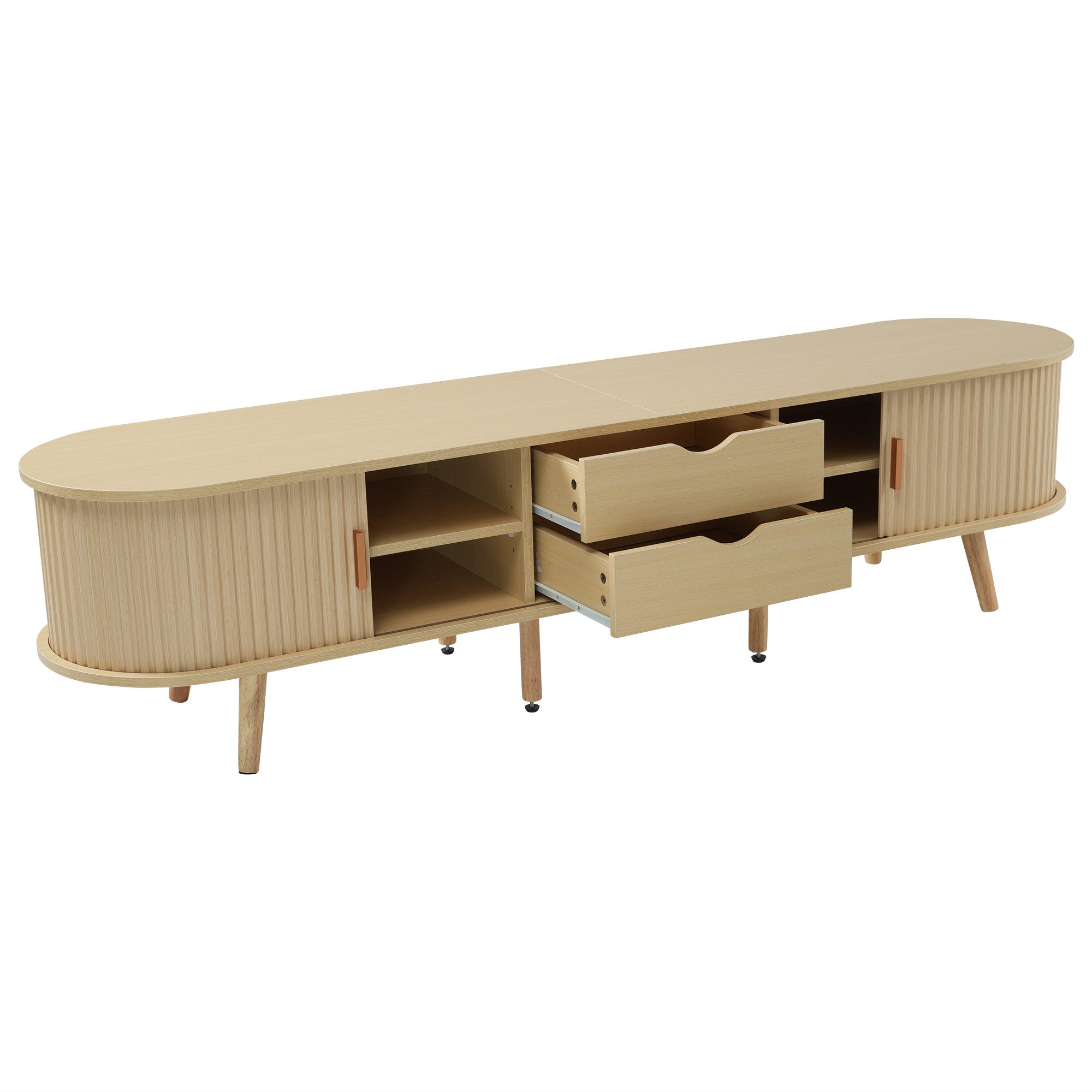KLAM HOME Lowboard Lowboard TV Schrank Mit Runder Tischplatte Und Teleskop Schiebetüren (Modernes Wohnzimmer Lowboard In Walnuss Optik Mit 2 Schubladen), TV Unterschrank Bis 75 Zoll Mit Stauraum Für Audio Video Geräte
