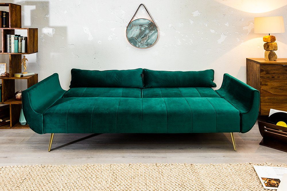 riess-ambiente Schlafsofa DIVANI 220cm smaragdgrün / gold, Einzelartikel 1 Teile, Wohnzimmer · Samt · 3-Sitzer · Couch mit Bettfunktion · Retro Design