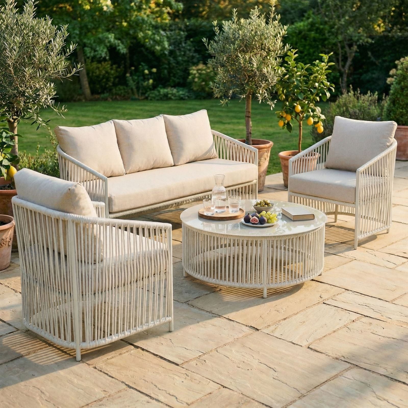 IDIMEX Gartenlounge-Set KULO, Balkonlounge 4-teilig aus Aluminium und Seilbespannung weiß/beige