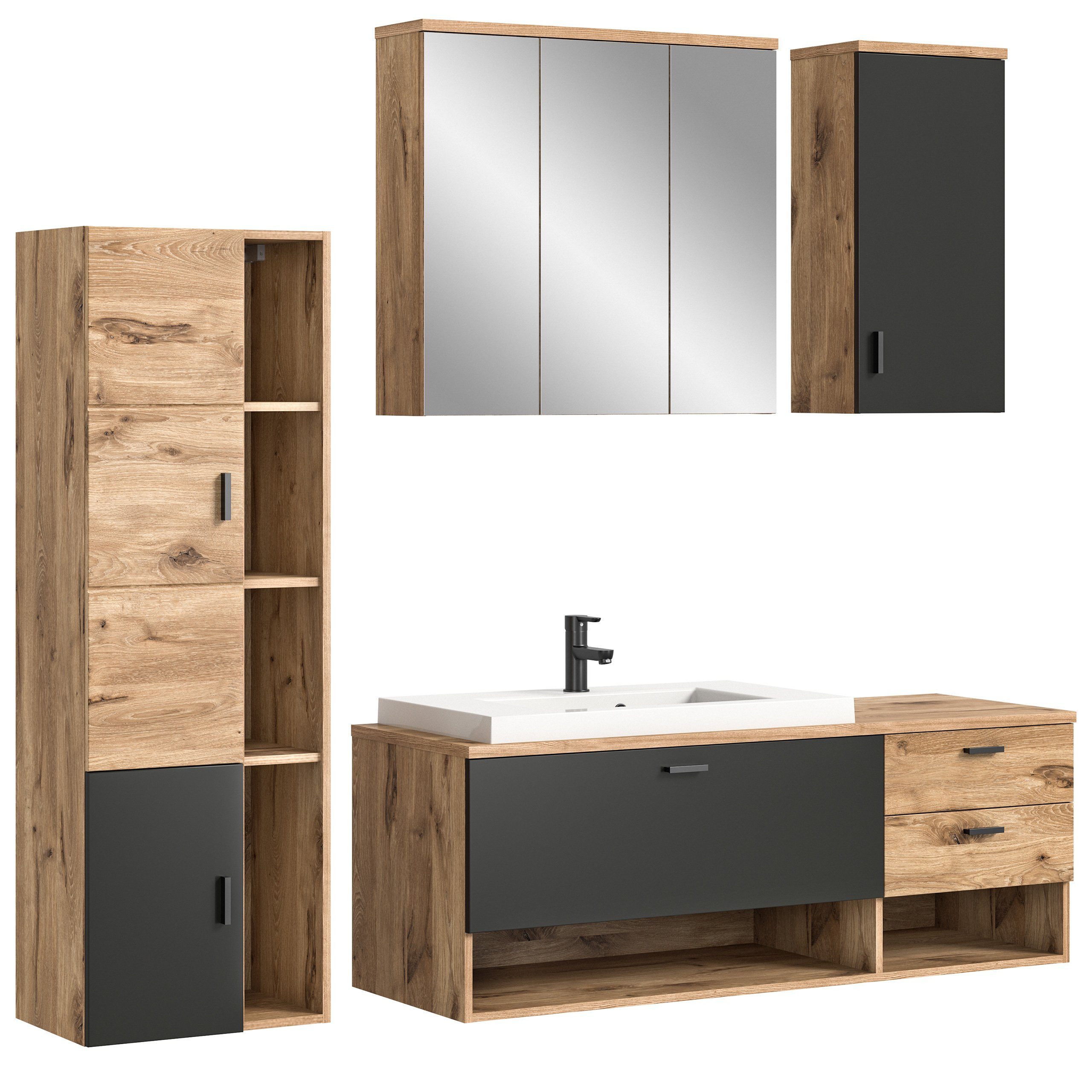 Newroom Badezimmer-Set Eiche 192 cm, Badezimmer-Set Eiche Badezimmermöbel Badezimmer Set Modern Zeitlos...