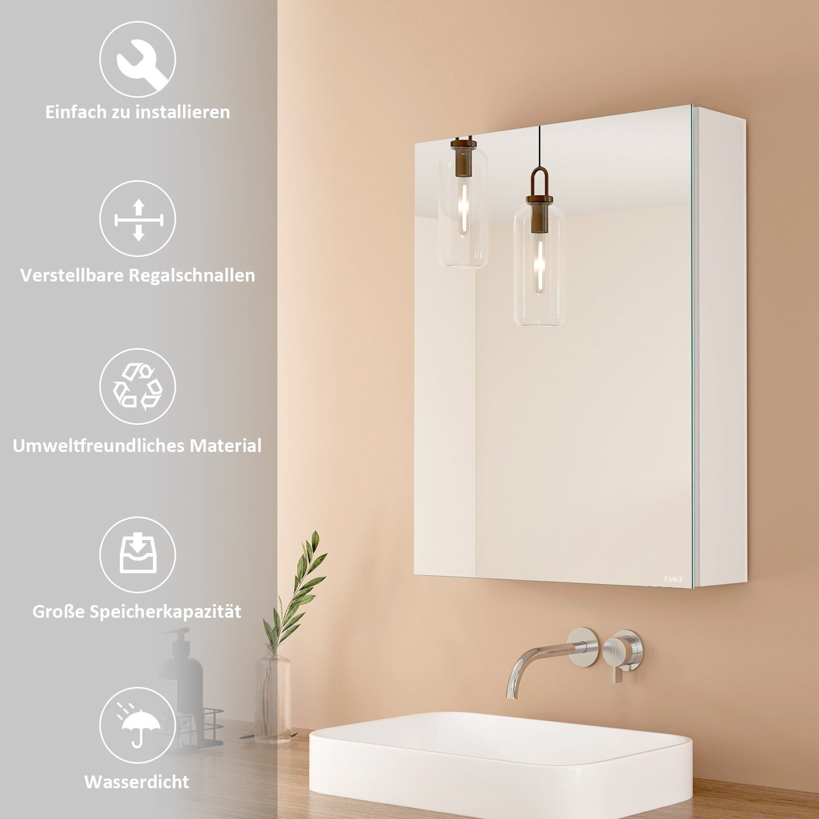 EMKE Spiegelschrank 50x65 cm 1-tütig Spiegelschränke günstig online kaufen