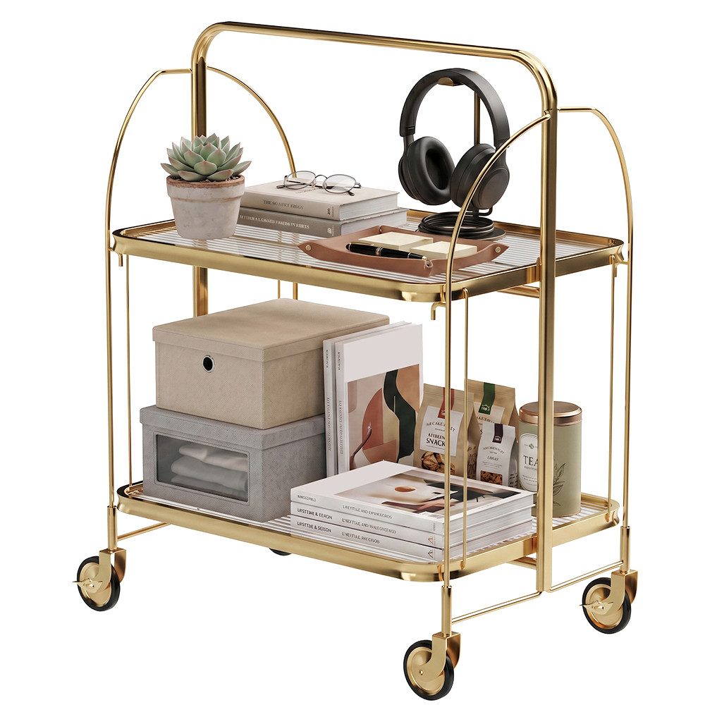 GLIESE Küchenwagen Goldener klappbarer Küchenwagen Beistelltisch Aufbewahrungswagen, 2 Sicherheitsglas-Ablagen, verchromt, 4 leise Rollen, 2 Bremsen