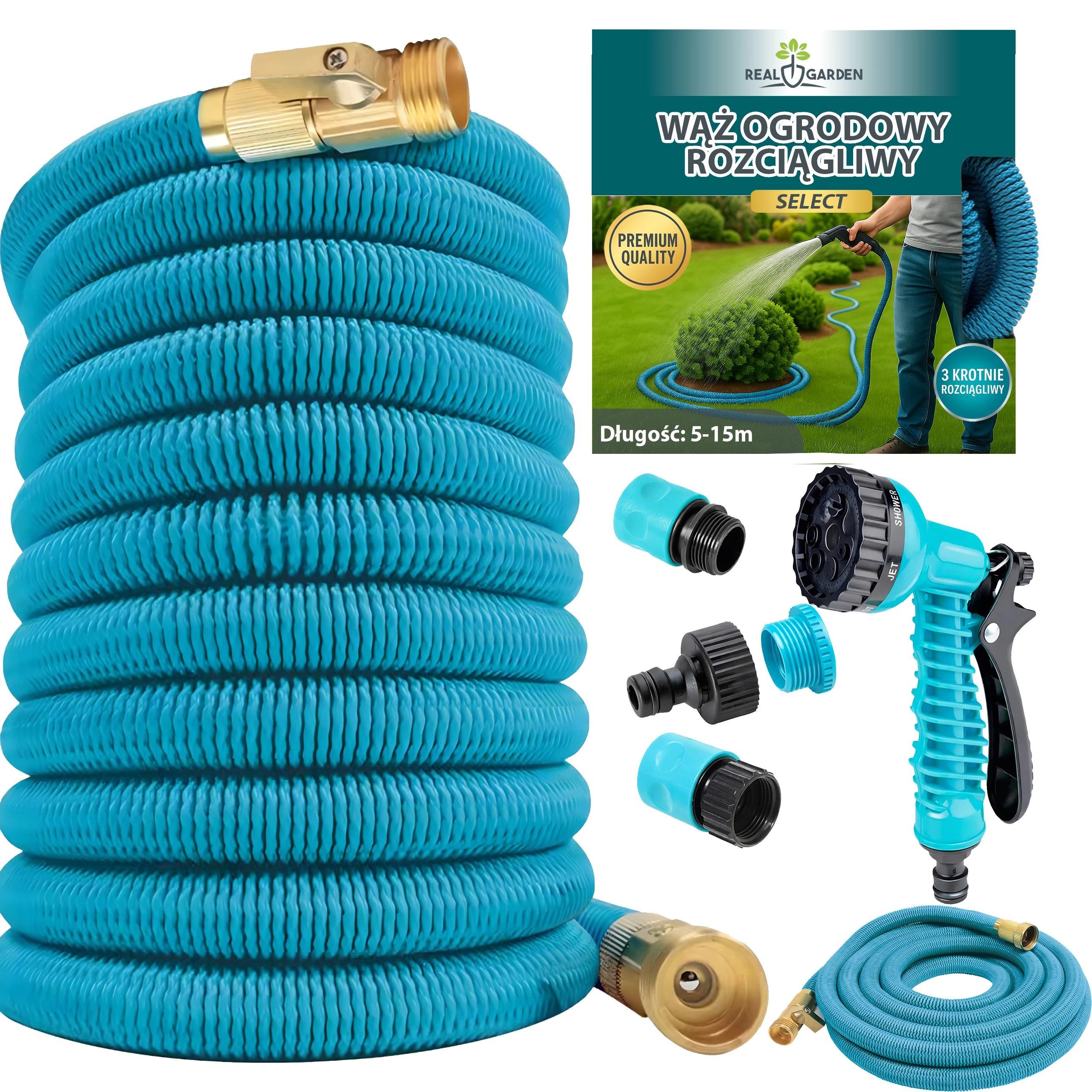 Realb2b Gartenschlauch Flexibler Gartenschlauch 5 bis 15 m Set mit Sprühpistole Adapter, (Set flexibler Gartenschlauch 5 bis 15 m mit Sprühpistole Adapter, Gartenschlauch 5 bis 15 m Set mit Pistole Adapter Kupplungen), dehnbar flexibel leicht platzsparend Gartenschlauch mit Zubehör