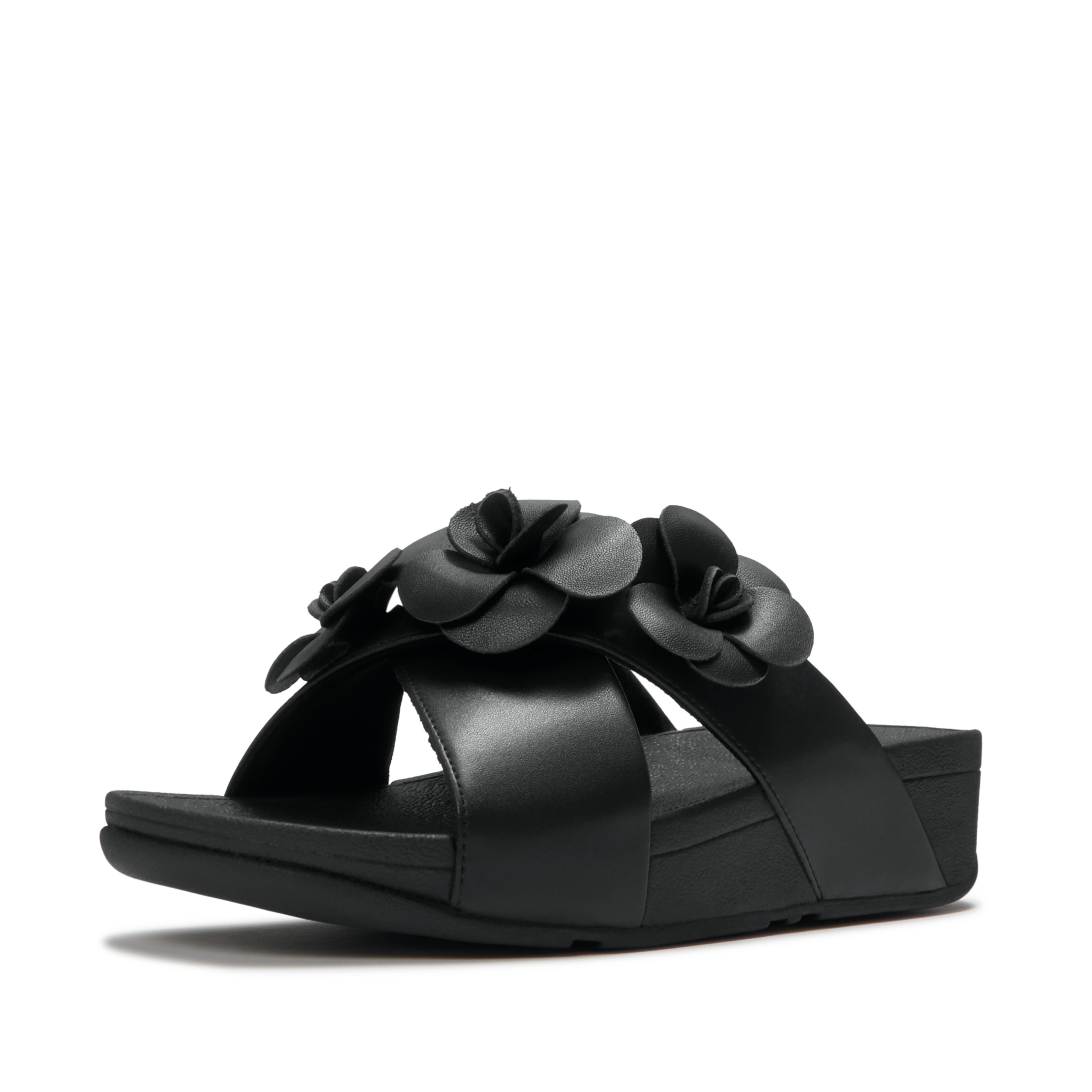 Fitflop LULU FLOWER CROSS SLIDES Pantolette Keilabsatz, Sommerschuh, Schlupfschuh mit dekorativen Blüten