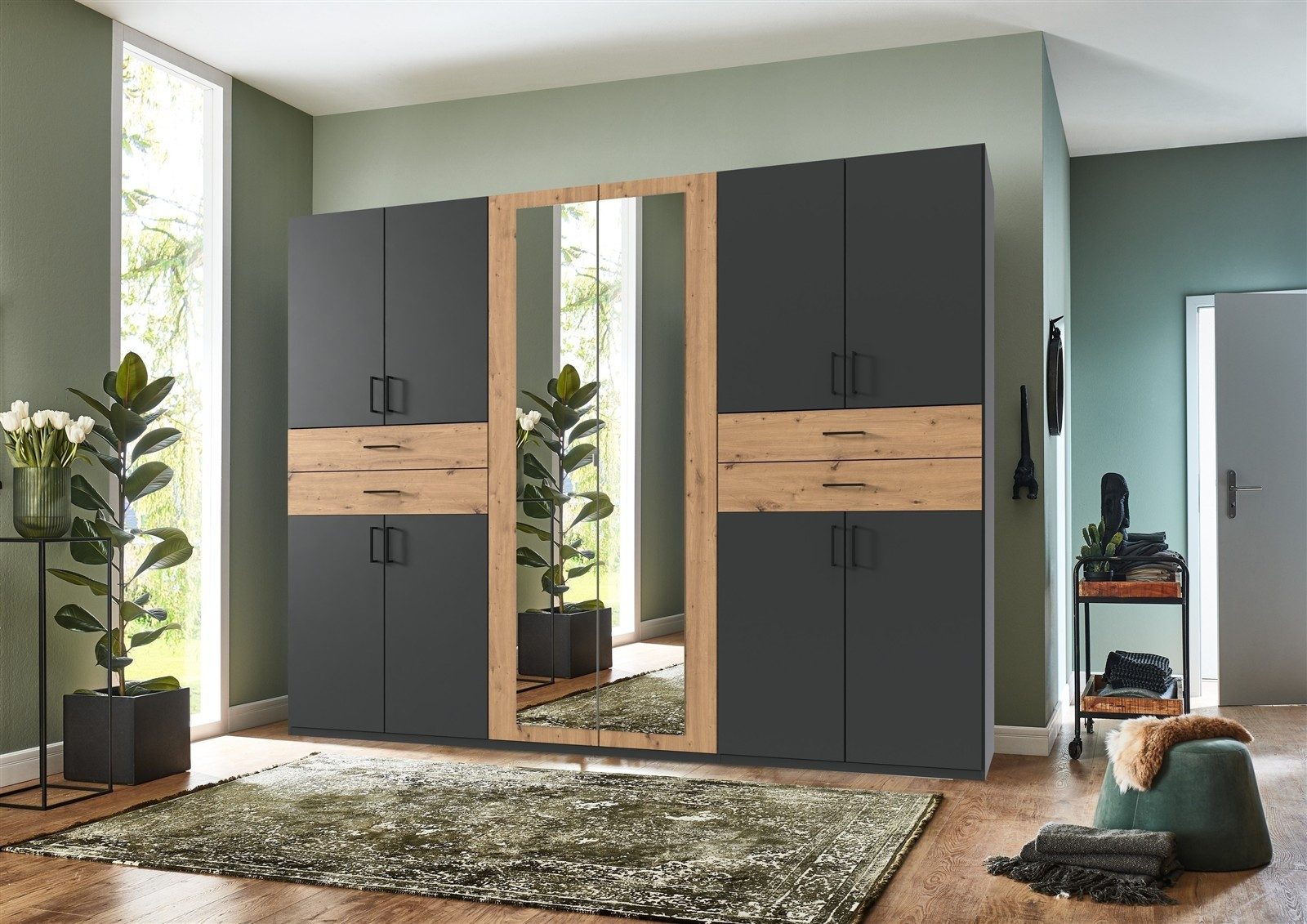 freiraum Drehtürenschrank Taiga 4 Schübe, 10 Türen, Graphit / Artisan Eiche Dekor - 270x208x58cm BxHxT