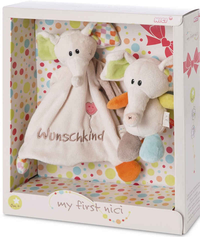 Nici Kuscheltier My first NICI, Elefant Dundi, 18 cm und Schmusetuch Wunschkind (Set), in Geschenkverpackung