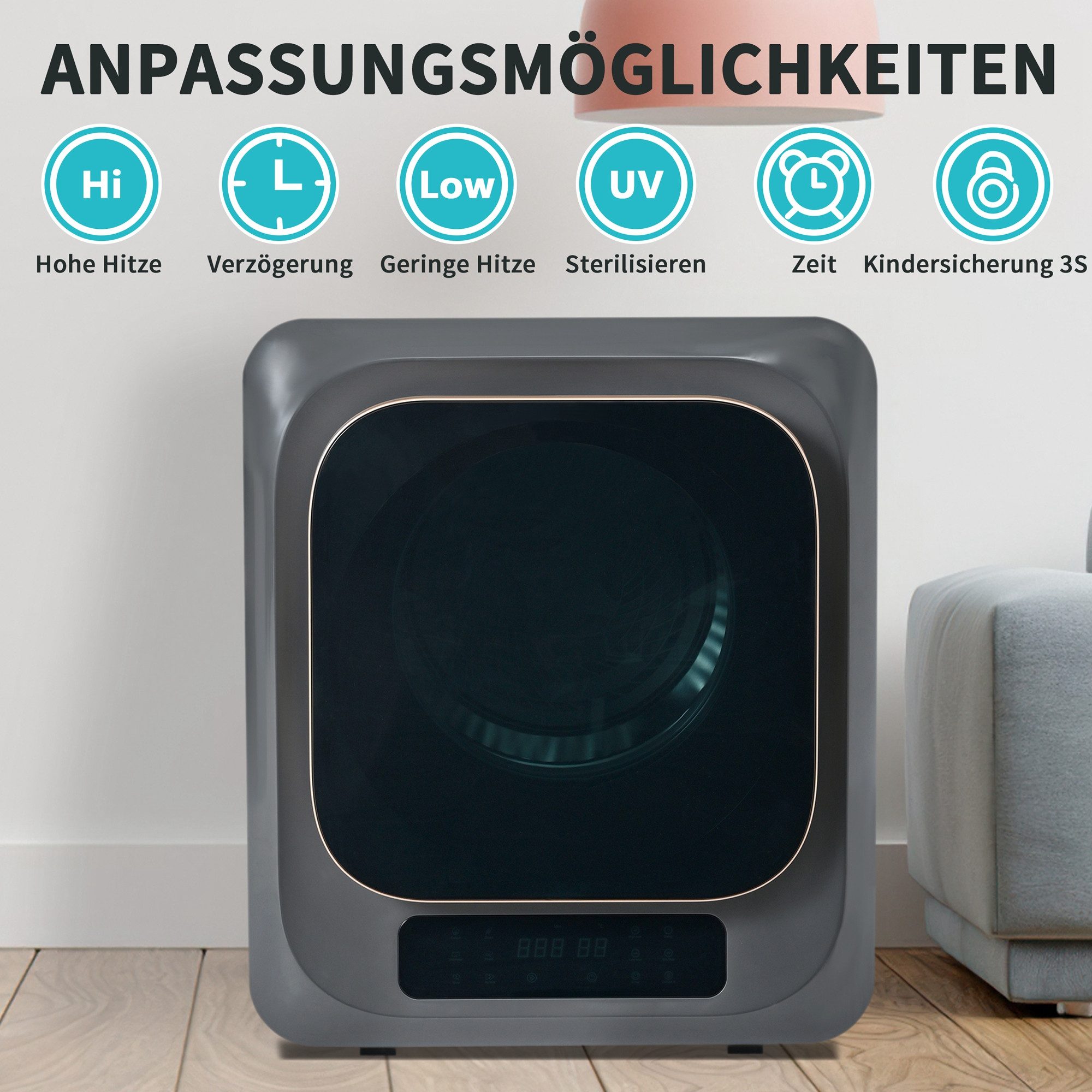 Merax Ablufttrockner GL-JH40W Mehrfachfiltration, Überhitzungsschutz, UV-Sterilisation, 6 Programme, Wäschetrockner mit Edelstahltrommel & LED-Display, freistehend/hängend