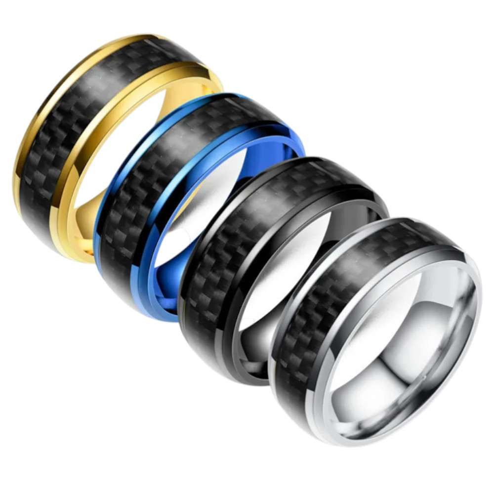 Taffstyle Fingerring Herren Damen Edelstahl Ring Facettenschliff Carbon Inlay schräge Kante (Markanter Edelstahlring mit Carbon Inlay und Glanzoptik 8mm) – Bild 4 von 4