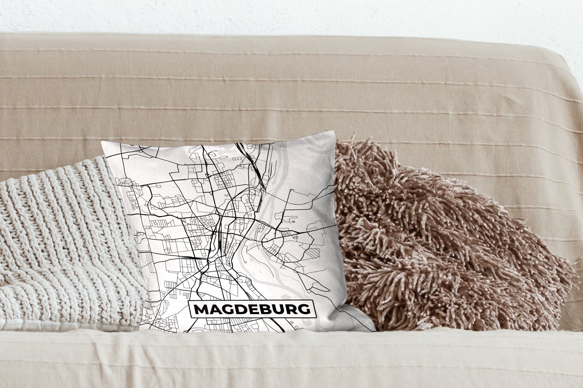 Zierkissen MuchoWow Wohzimmer, für Deko, Magdeburg Stadtplan, Dekokissen - Schlafzimmer, - mit Sofakissen Karte Füllung
