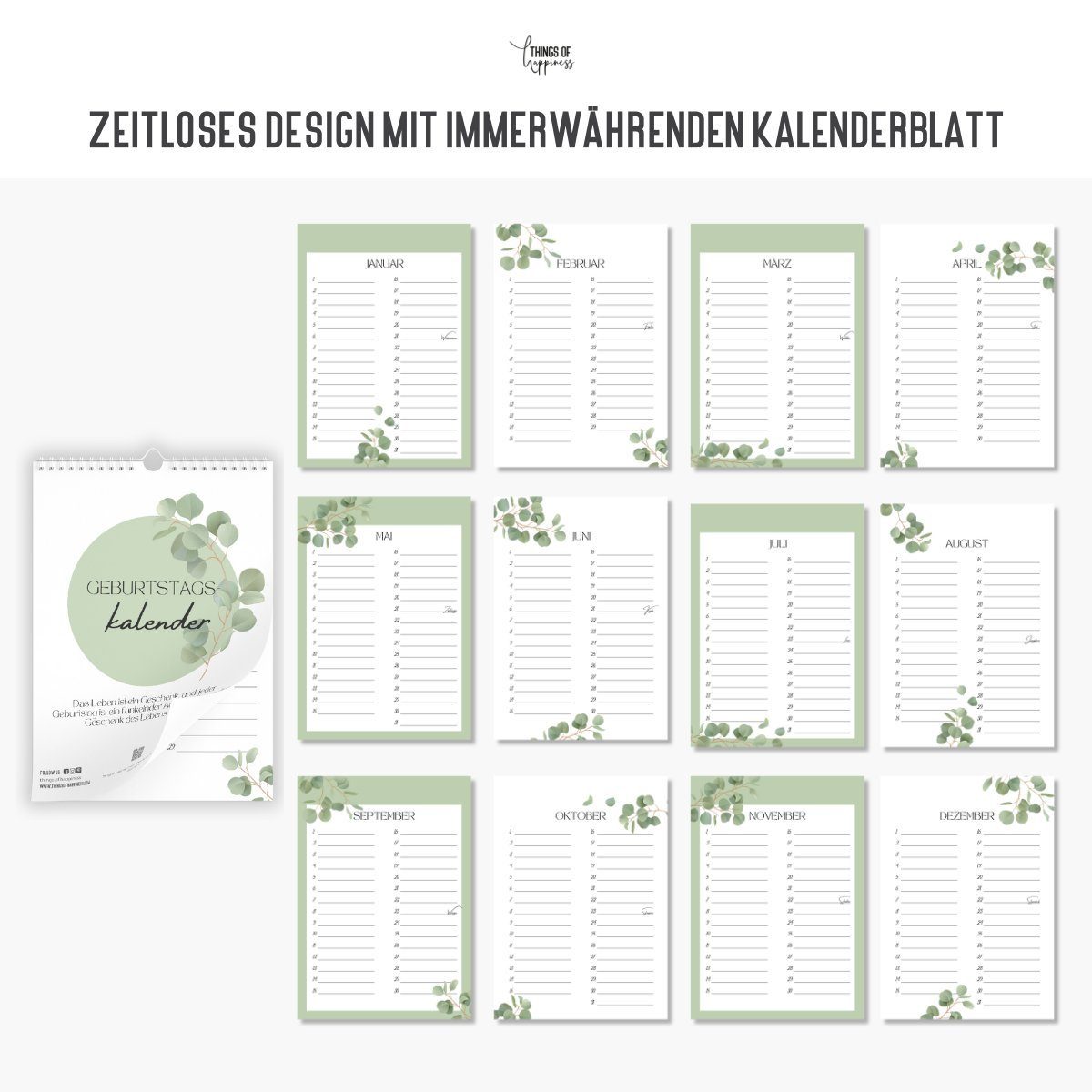 Things of Happiness Wandkalender Geburtstagskalender, Geburtstagsübersicht, ohne Jahresangabe immerwährend