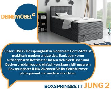 Deine Möbel 24 Boxspringbett Polsterbett Komplettbett Hotelbett Cord-Stoff JUNG 2 inkl. Topper (für Jugendliche Jugendbett Kord, Bonellfederkernmatratze H3 Taschenfederkernmatratze H4), 90x200 100x200 120 cm Einzelbett Boxspring Hotelbett Veloursstoff