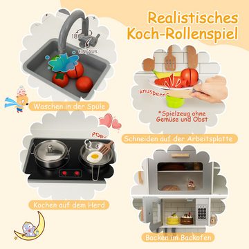 KOMFOTTEU Spielküche MDF, Buchenholz, Kunststoff, Polyester, Kinderspielküche mit Lichtern und Geräuschen für Kinder 3–10 Jahren