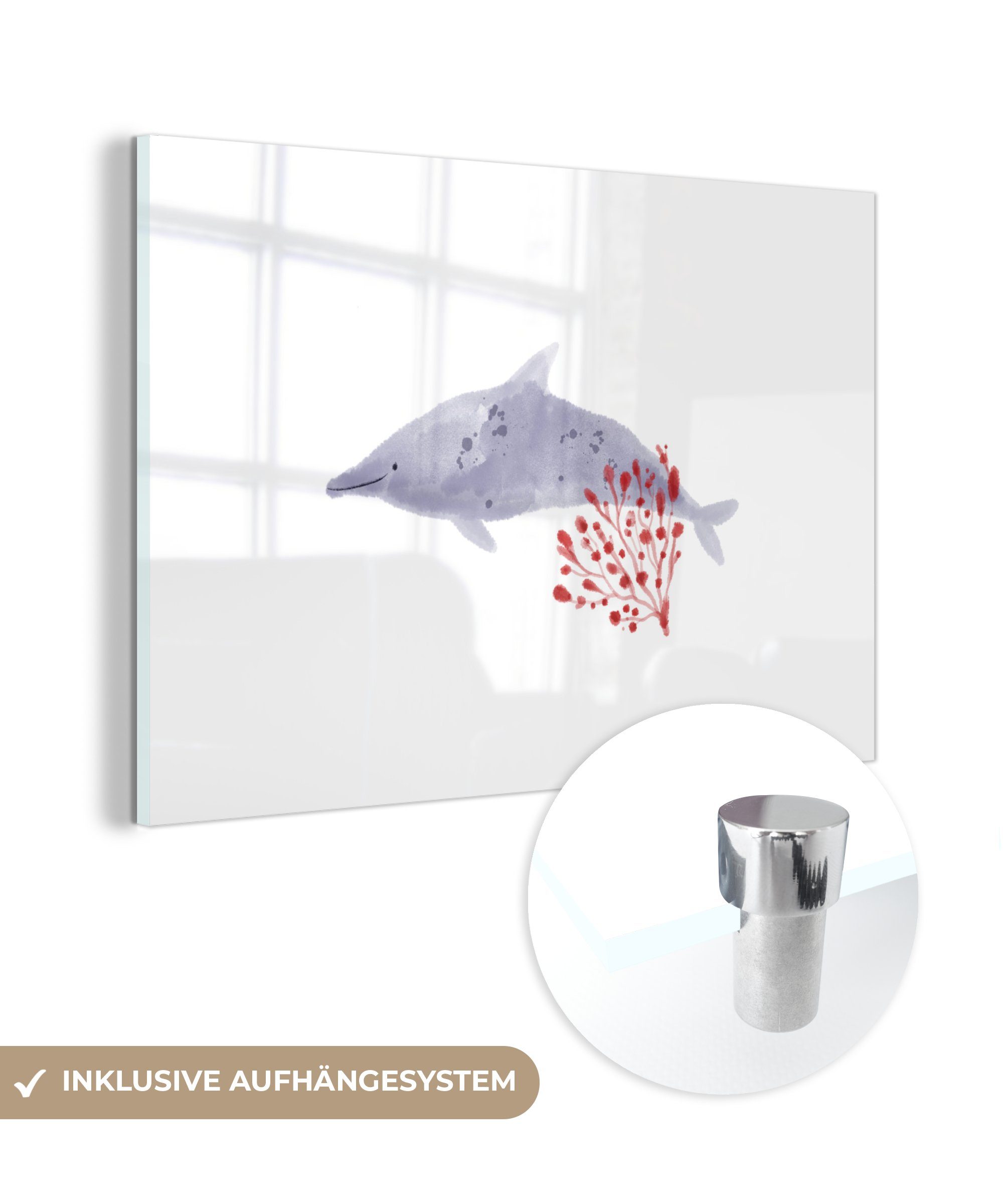 MuchoWow Acrylglasbild Delfin - Pflanzen - Meer - Aquarell, (1 St), Acrylglasbilder Wohnzimmer & Schlafzimmer