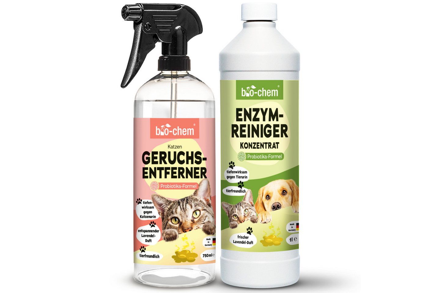 bio-chem Geruchsentferner Enzymreiniger 1 L Geruchsentferner gegen Urin, Katzen & Hundeurin (Sparpaket, Geruchsentferner Katze 0.75 l + Enzymreiniger Konzentrat 1 L), Probiotisch & tiefenwirksam gegen Tiergeruch