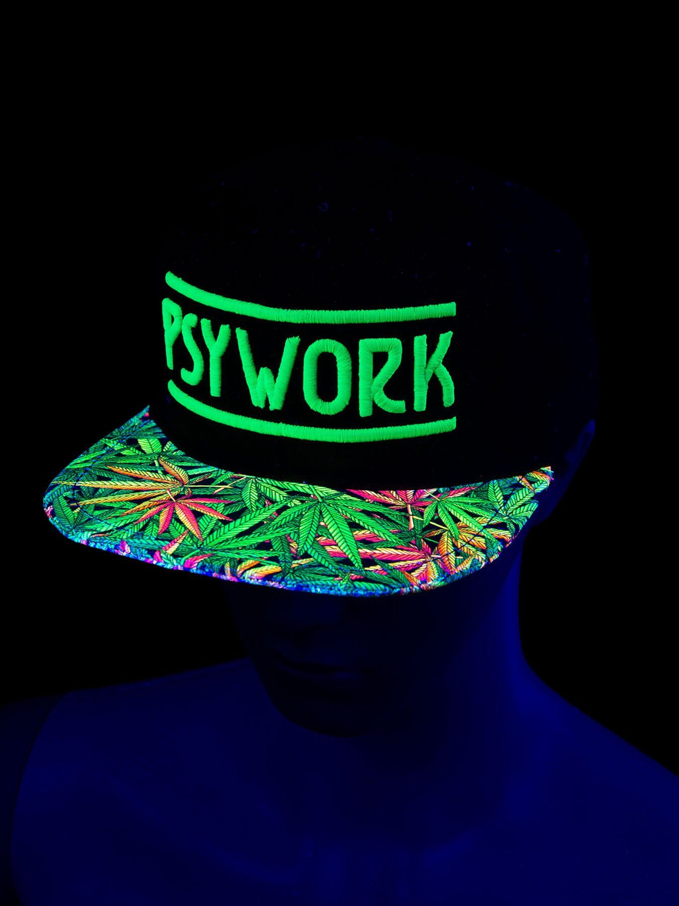 unter UV-aktiv, Cap Grün leuchtet Black Cap "Funky Weed", Snapback PSYWORK Schwarzlicht Neon Schwarzlicht
