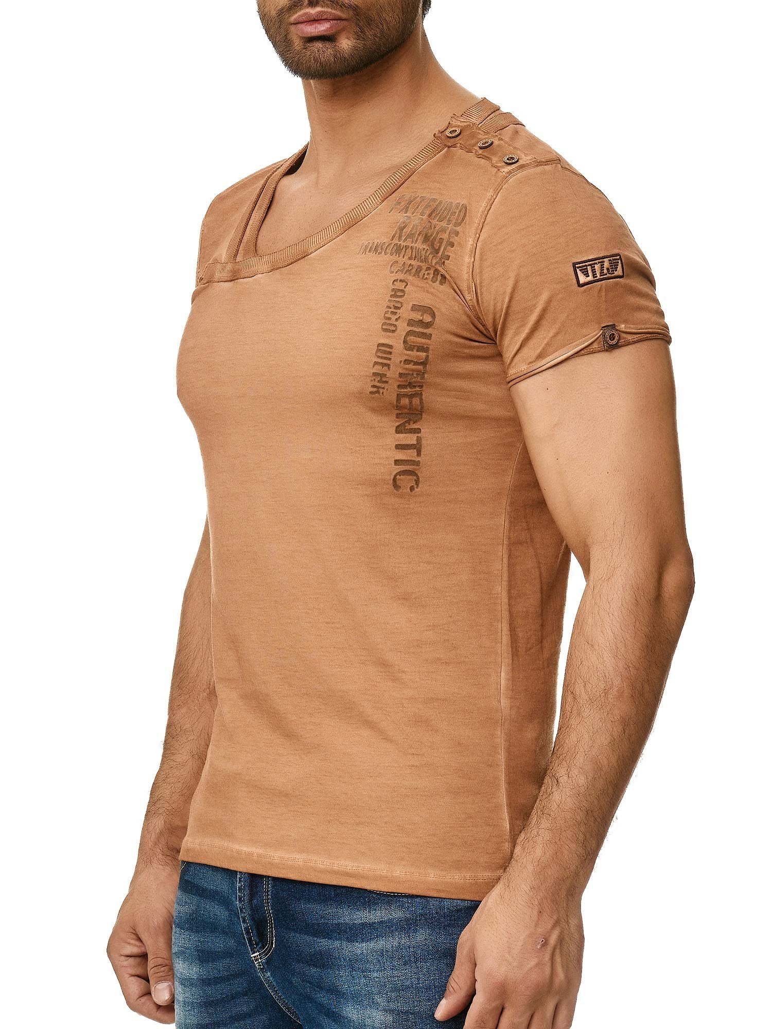 Tazzio T-Shirt 4022 in trendiger Ölwaschung mit stylischem Kragen und Knopfleiste an der Schulter camel