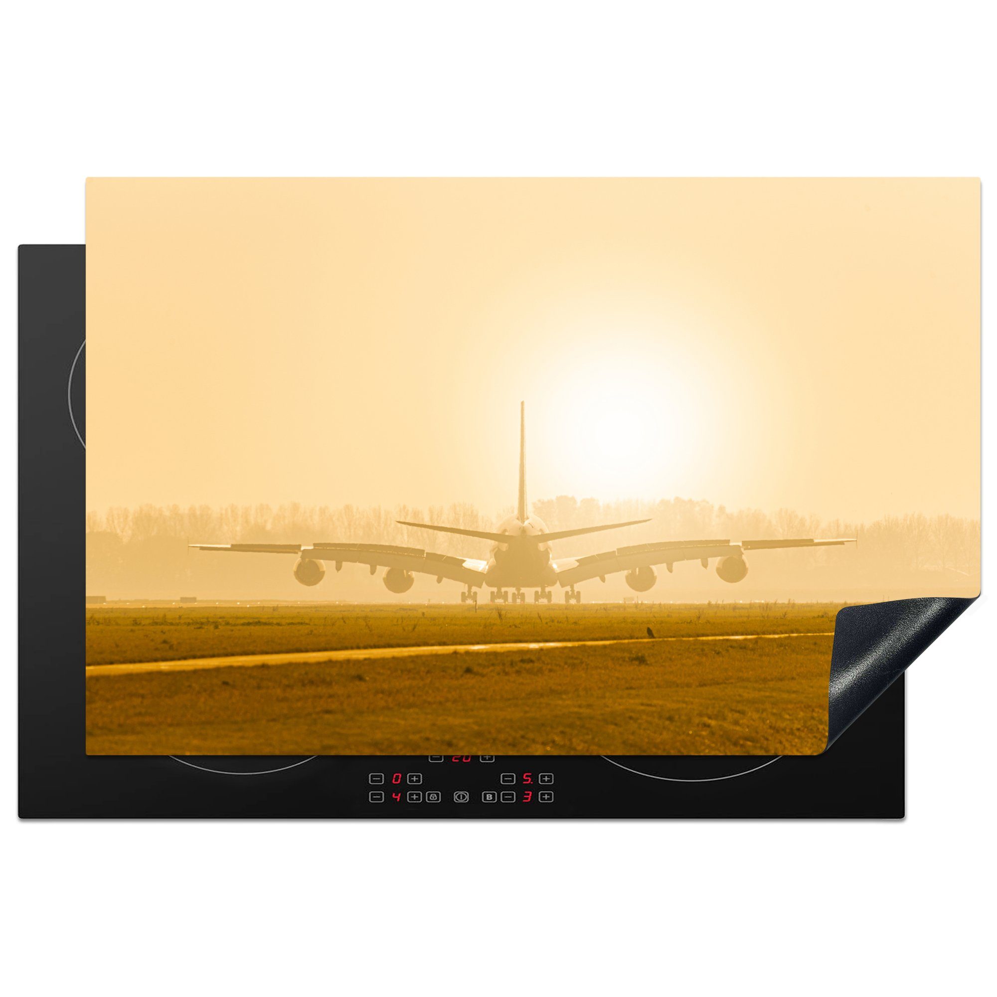 MuchoWow Herdblende-/Abdeckplatte Flugzeuge in Schiphol bei Sonnenuntergang, Vinyl, (1 tlg), 81x52 cm, Induktionskochfeld Schutz für die küche, Ceranfeldabdeckung