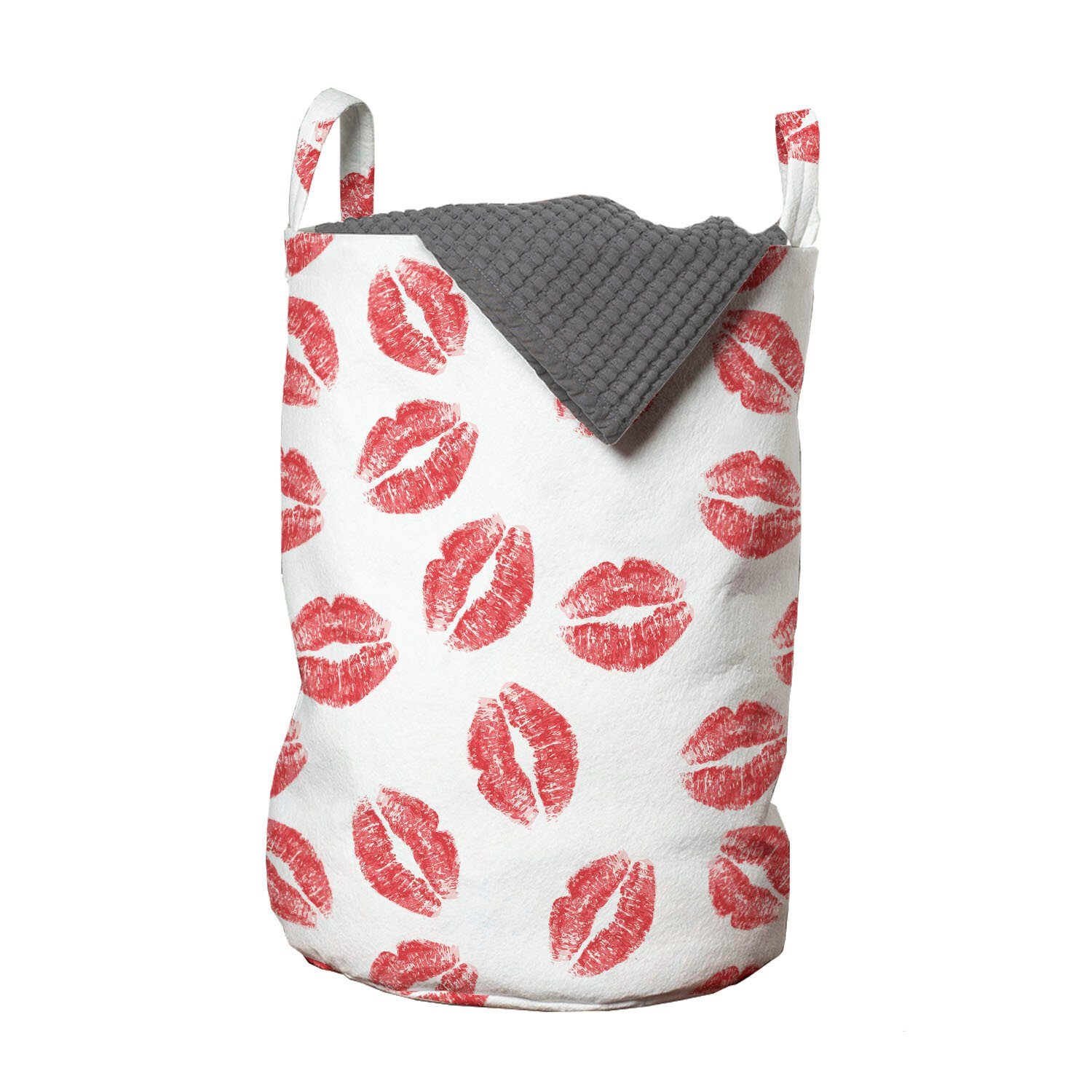 Abakuhaus Wäschesäckchen Wäschekorb mit Griffen Kordelzugverschluss für Waschsalons, Feminin Red Lippenstifte Kuss Marks