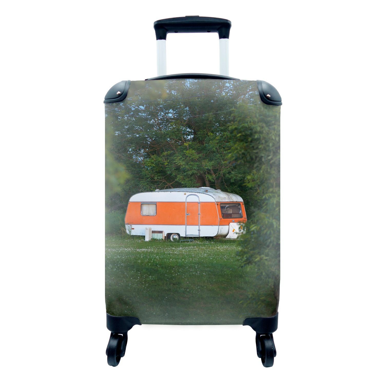 MuchoWow Handgepäckkoffer Wohnwagen auf der Wiese geparkt, 4 Rollen, Reisetasche mit rollen, Handgepäck für Ferien, Trolley, Reisekoffer