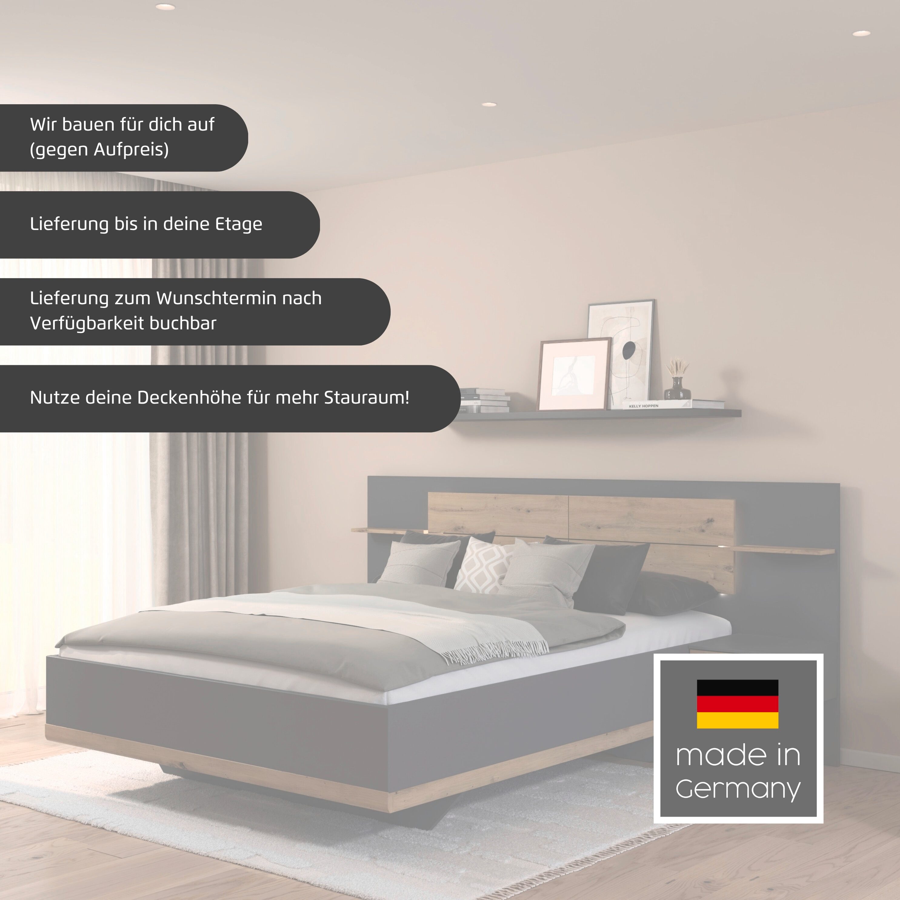 rauch Bettanlage Bett Doppelbett Komfortbett Funktionsbett BOSTON-EXTRA, (Set, 3-tlg., Liegeflächen 160 cm oder 180 cm), Mit warmer Kopfteil-Beleuchtung, 2x Hänge-Nachttische MADE IN GERMANY