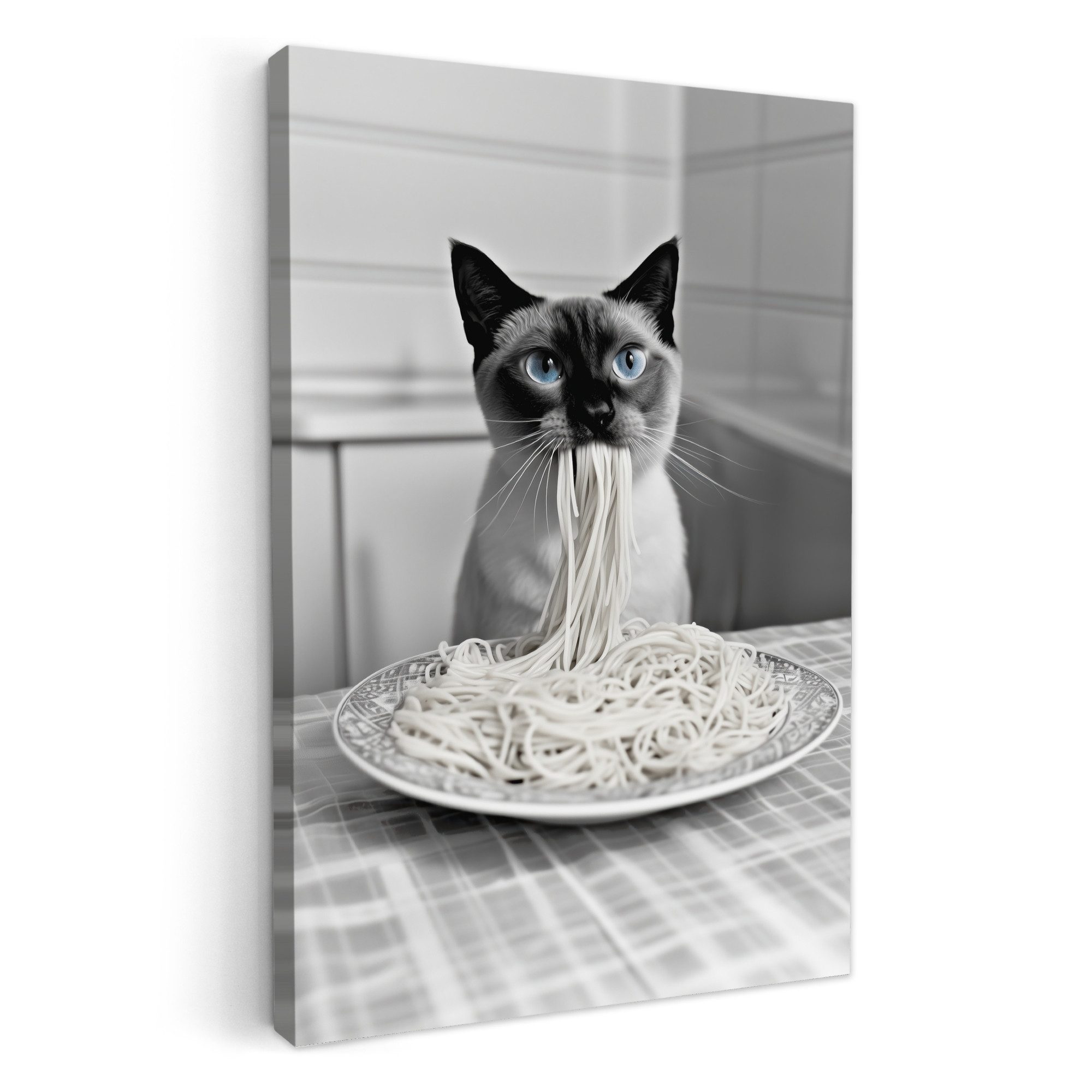 OneMillionCanvasses® Leinwandbild Katze - Siamese - Schwarz und weiß - Niedlich - Tiere, Fotodruck (1 St), Wandbilder für Esszimmer, Wanddeko Bilder Küche 20x30 cm