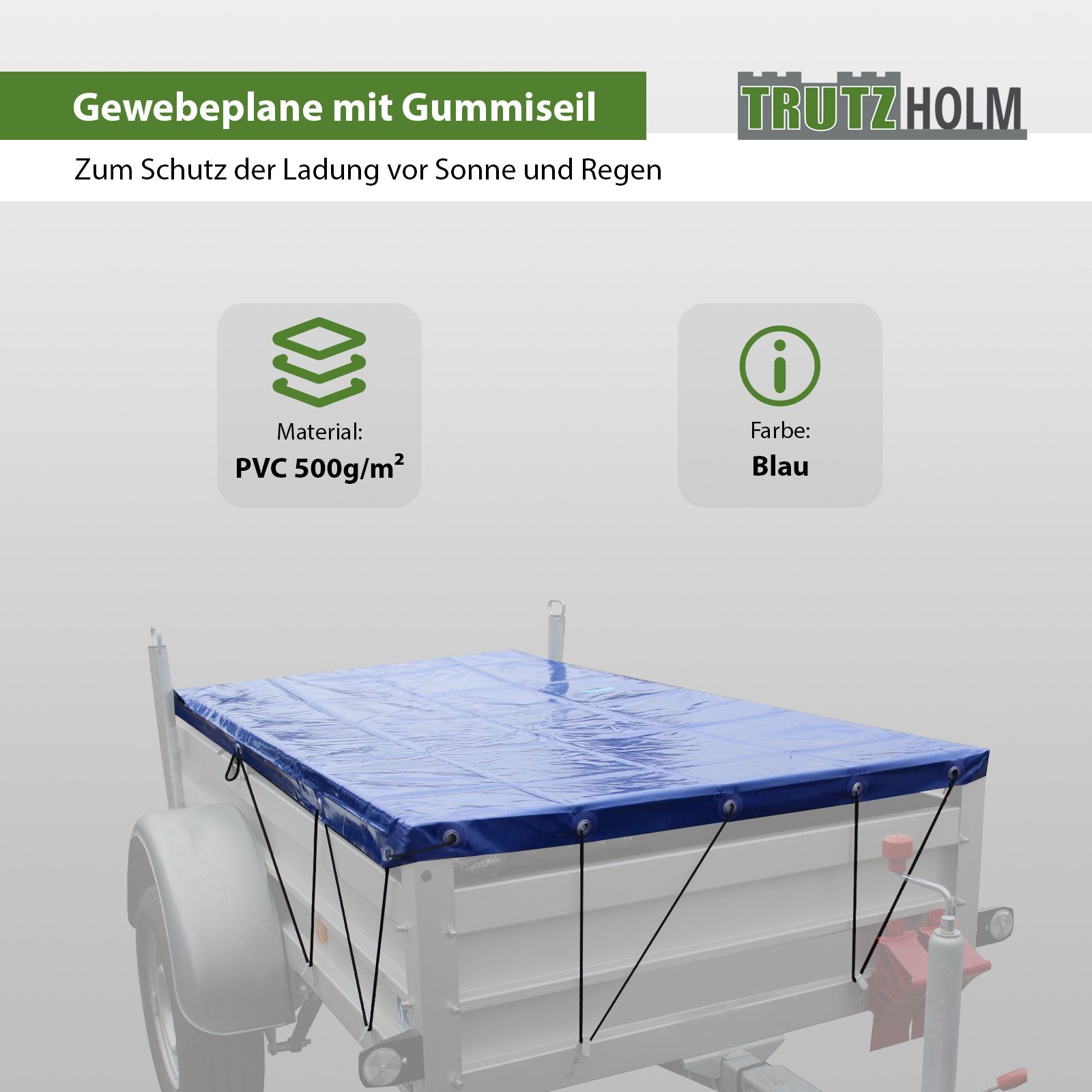 TRUTZHOLM Autoplane Anhänger Flachplane Blau mit Gummigurt incl.3 Alubügel 2075x1140x50mm (Produkt, 3-St)