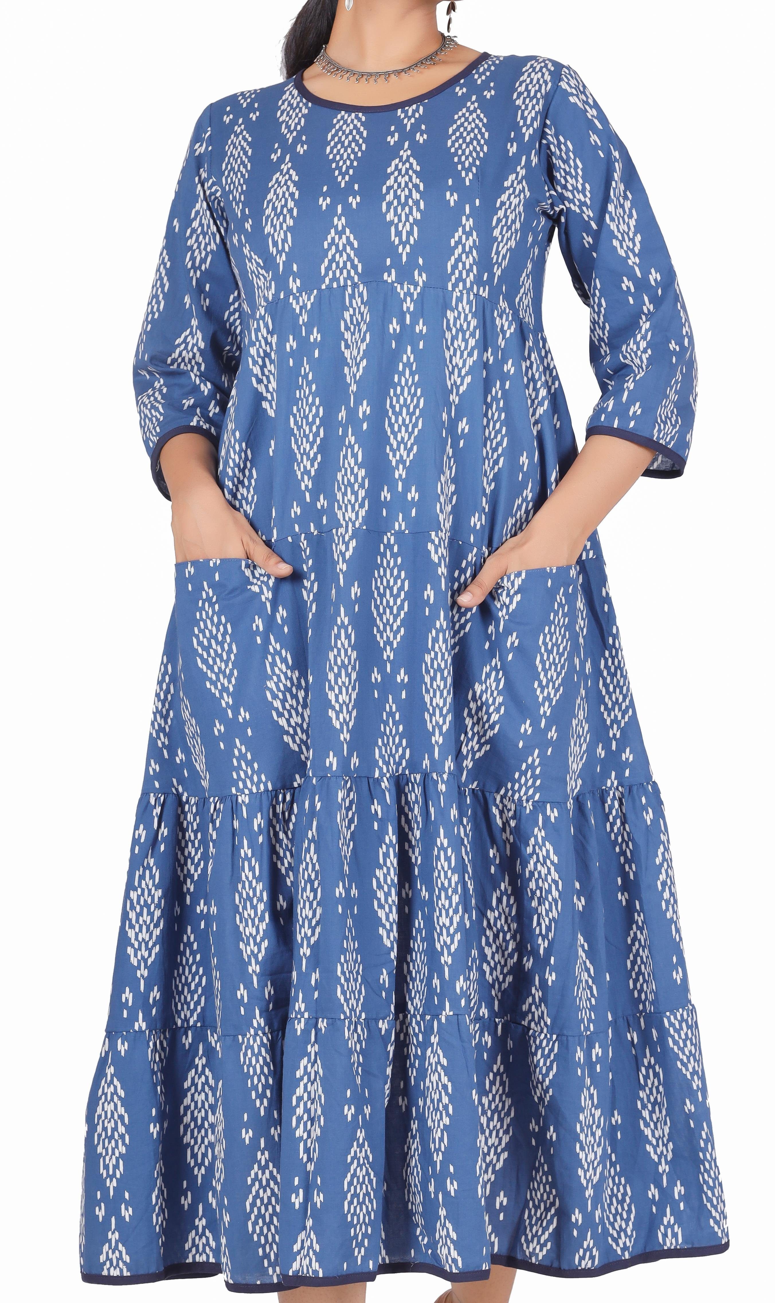 Guru-Shop Midikleid Boho Sommerkleid, bedrucktes wadenlanges Kleid.. alternative Bekleidung indigo