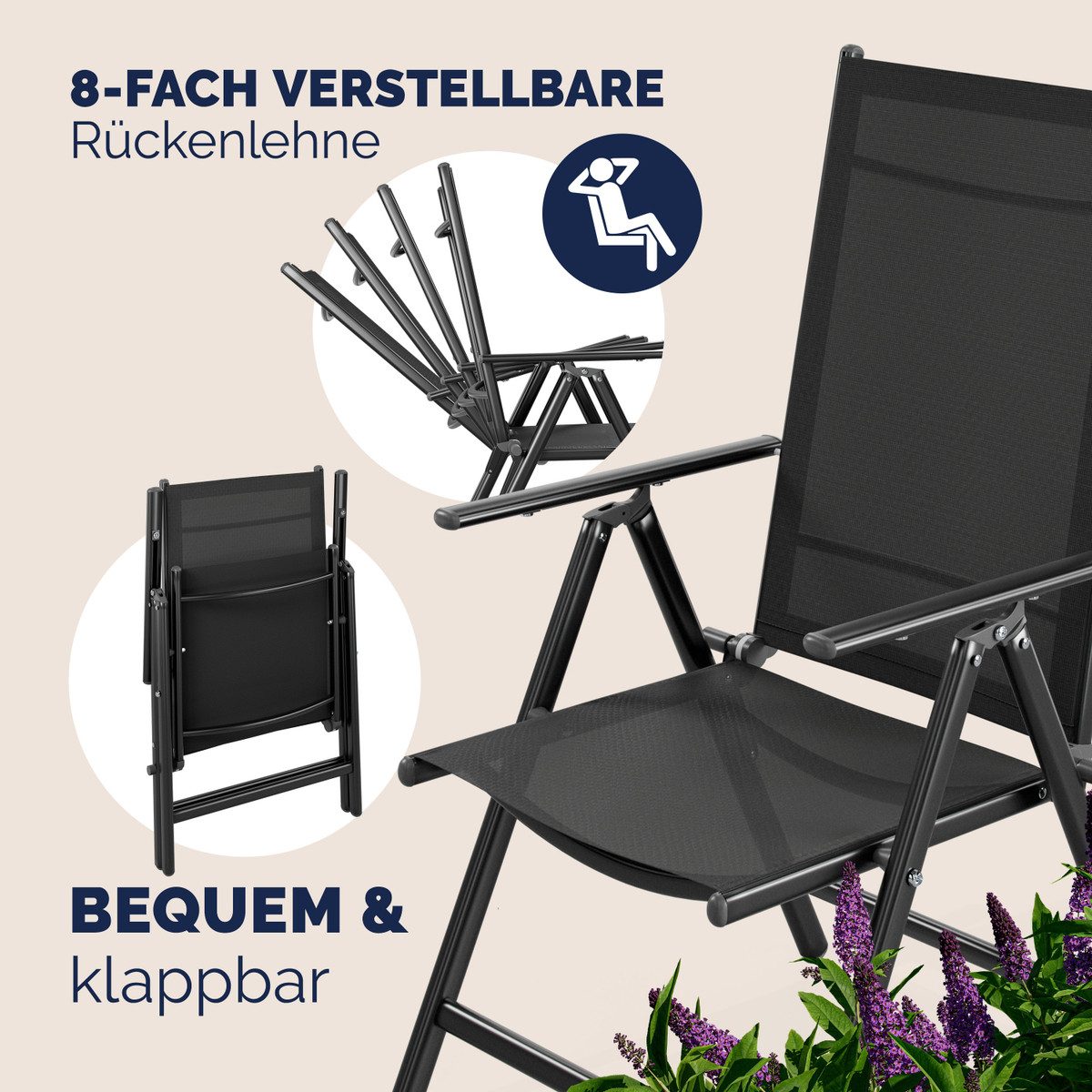 Casaria Gartenstuhl, Hochlehner Klappbar 8-Fach Verstellbar Alu Wetterfest 120kg Belastbar