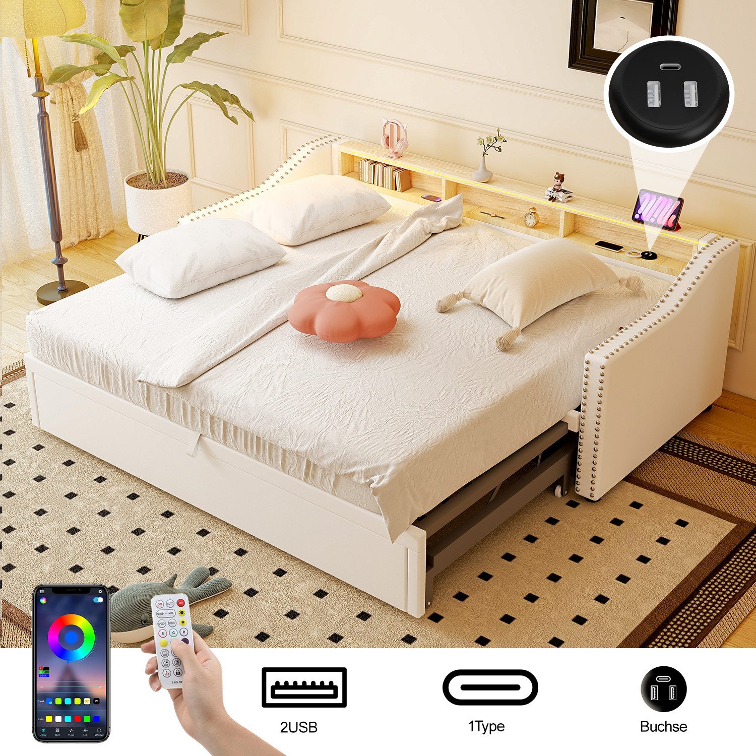 oyajia Polsterbett 3in1 Daybett Tagesbett Ausziehbett mit LED-Beleuchtung (Schlafsofa mit LED und USB, 90/180x200 cm), Jugendbett Kinderbett,Tagesbett mit Stauraum, Samtstoff