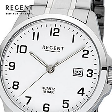Regent Quarzuhr Regent Herren-Armbanduhr silber Analog, (Analoguhr), Herren Armbanduhr rund, mittel (ca. 39mm), Edelstahlarmband