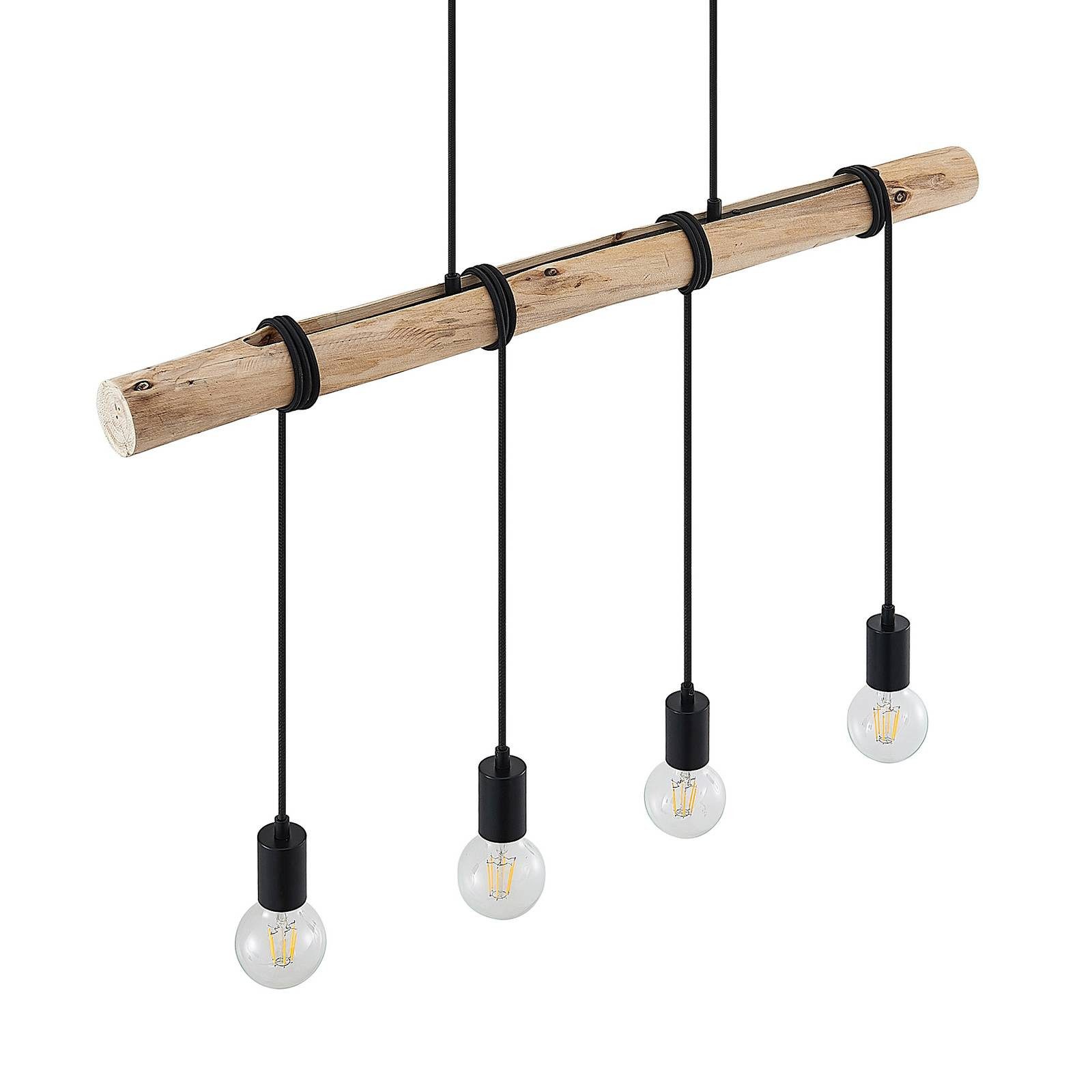 Lindby Hängeleuchte Ferris, dimmbar, Leuchtmittel nicht inklusive, Vintage, Eukalyptusholz, Stahl, holz hell, Schwarz matt, 4 flammig