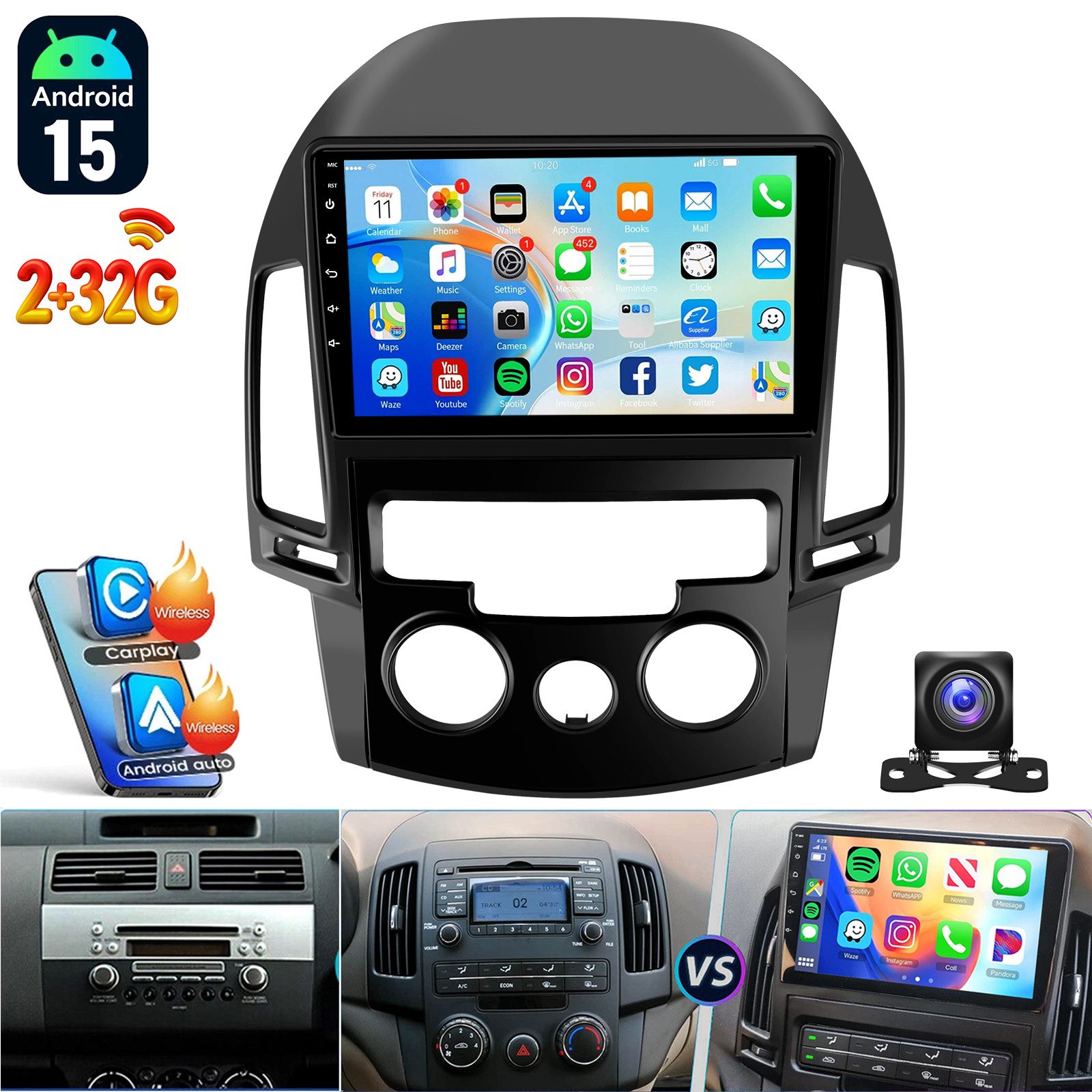 ESSGOO 9'' DAB+ Für Hyundai i30 MK1 FD 2006-11 Android 15 Carplay GPS Navi BT Autoradio (RDS, 2+64GB(optional), FM, AM, DAB+ (optional), Wireless Apple Carplay & Android Auto,2 DIN,WiFi)