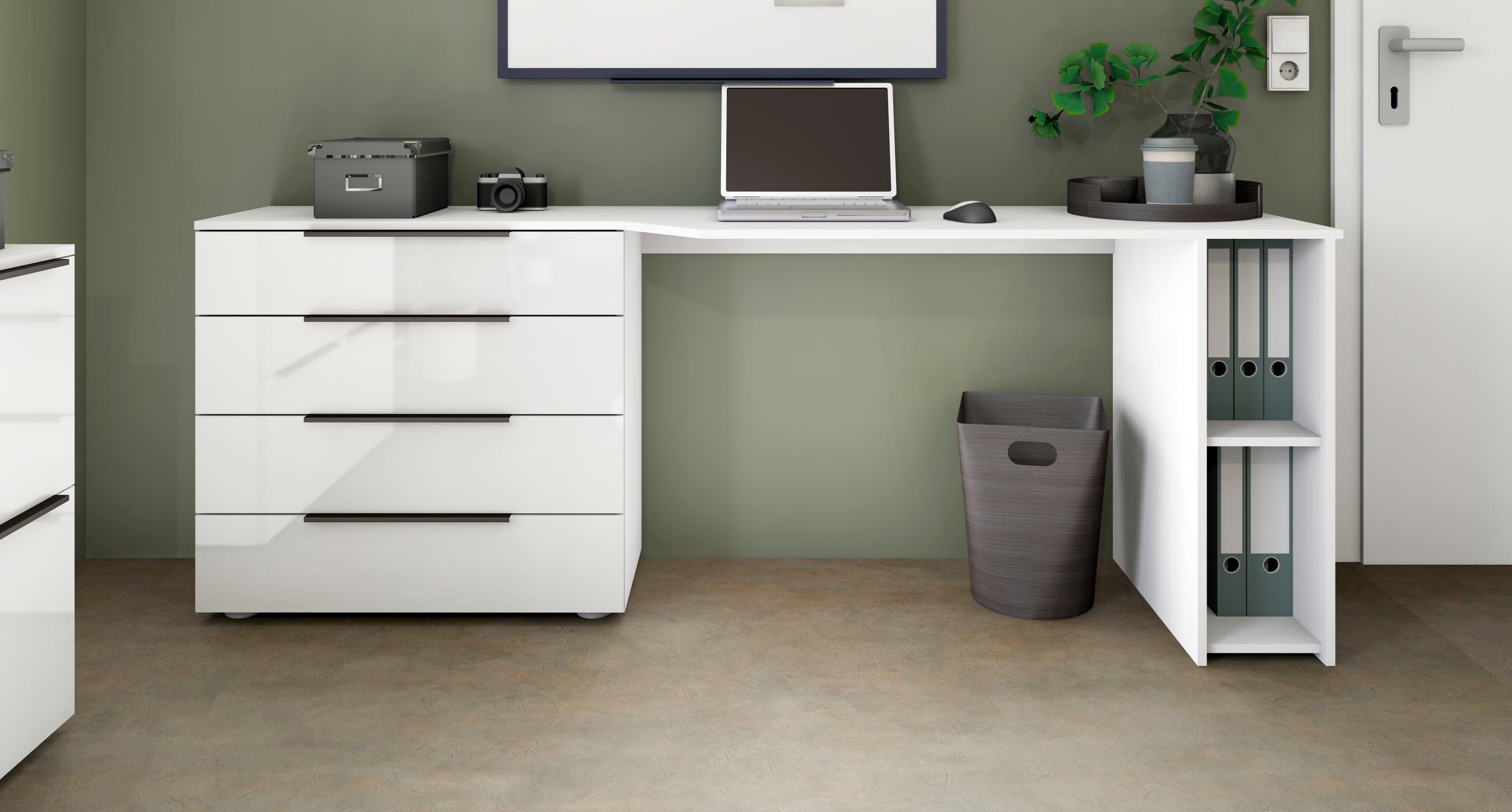 borchardt Möbel Schreibtisch Tom, mit Stauraum, Breite 196 cm weiß Hochglanz | weiß matt | weiß matt | Schreibtische