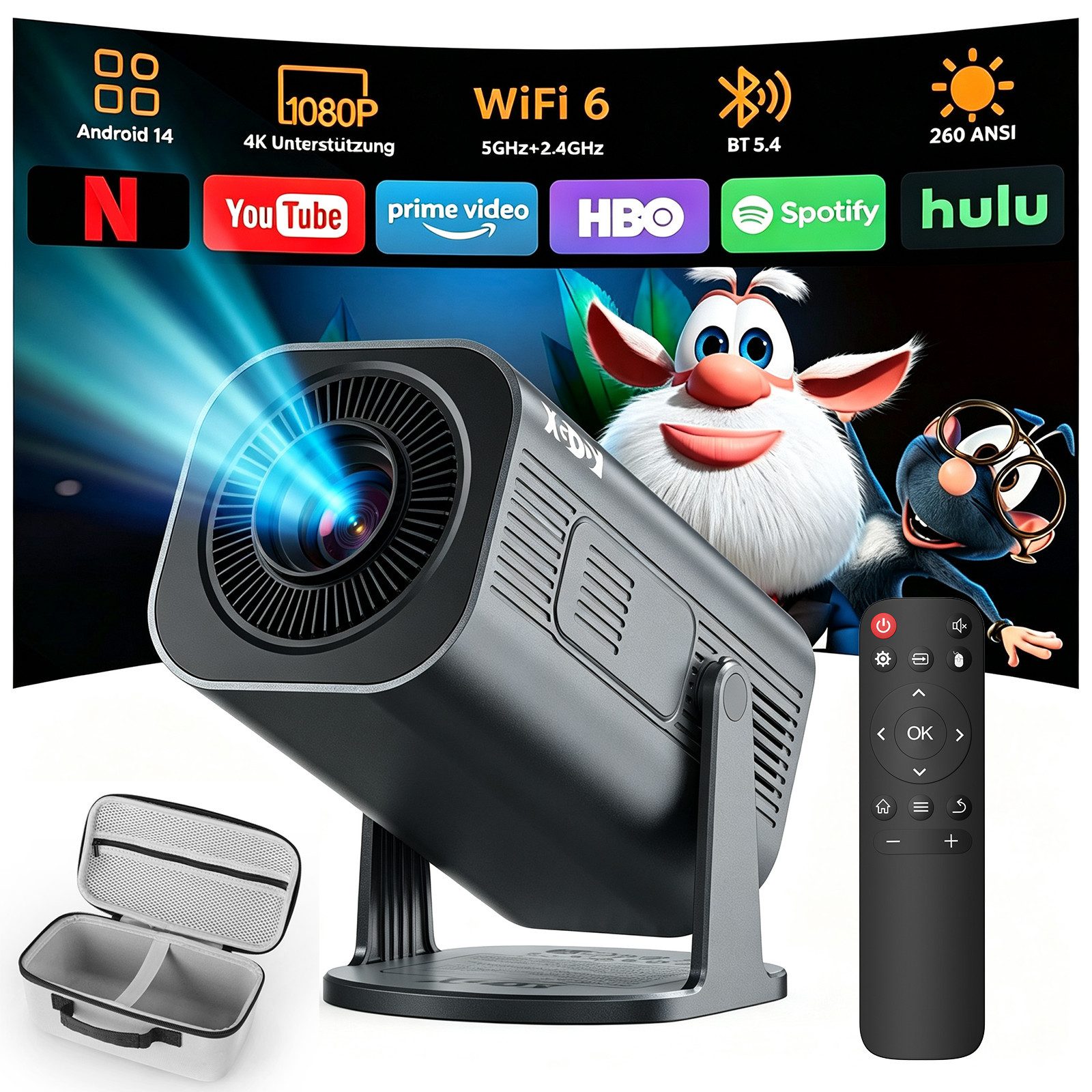 XGODY 2026 Neu Tragbarer Projektor Gimbal 3Pro 4K Android 14 Wifi6 BT 5.4 Mini-Beamer (260 lm, 1500:1, 3840 x 2160 px, Android 14 OS mit App-Store, Youtube, Netflix, Prime Video etc)