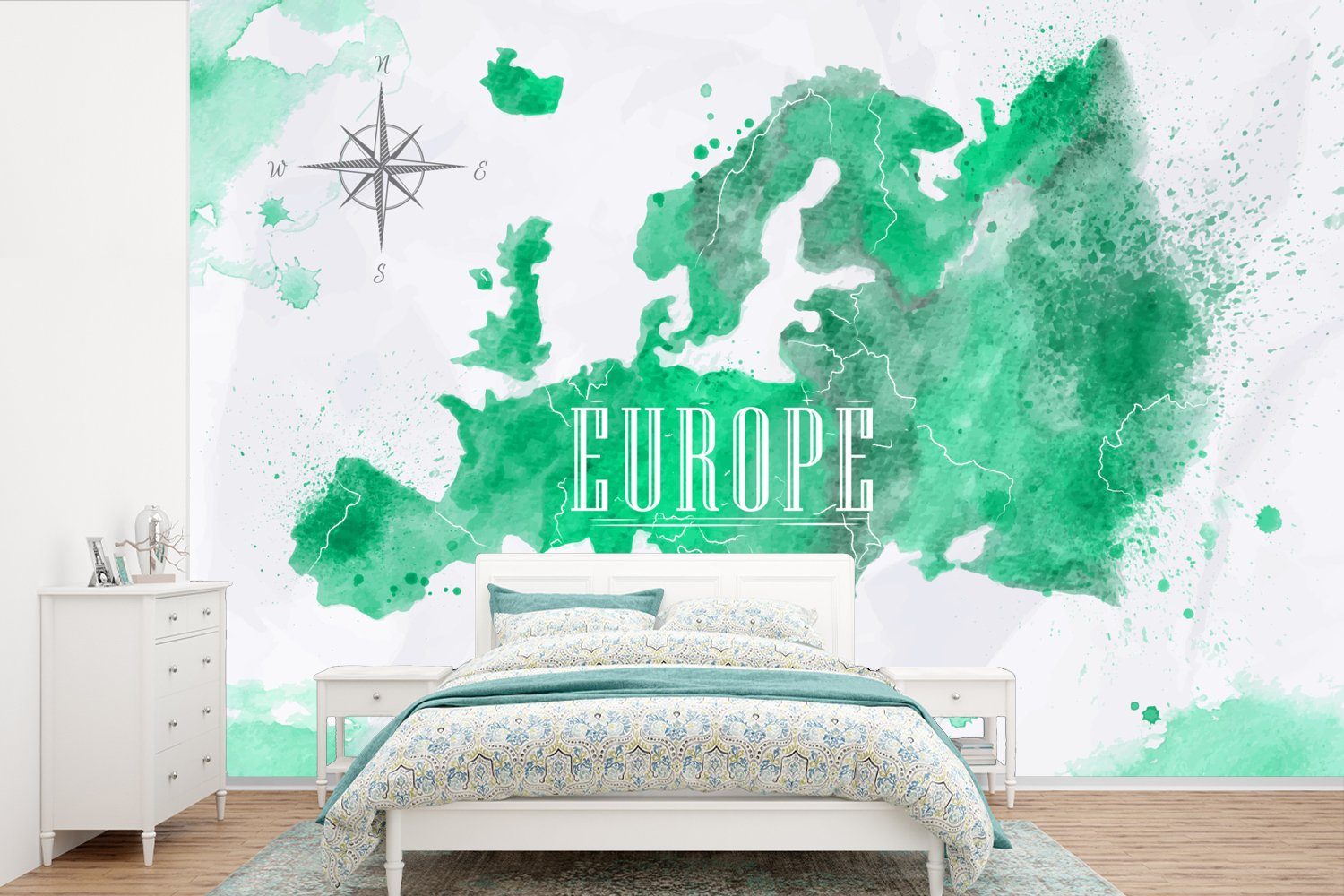 MuchoWow Fototapete Weltkarte - Europa - Farbe, Matt, bedruckt, (6 St), Wallpaper für Wohnzimmer, Schlafzimmer, Kinderzimmer, Vinyl Tapete