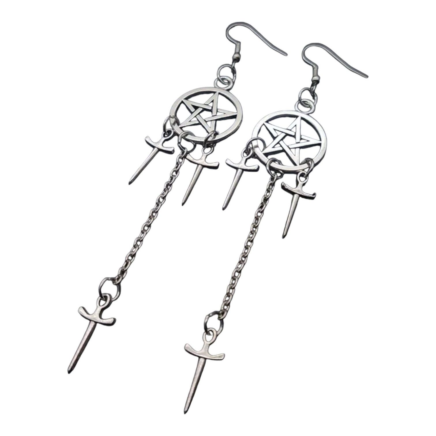 Eyecatcher Paar Ohrhaken Ohrringe Pentagram mit Schwerter Drop Chain Gothic Punk Kultur (Paar)