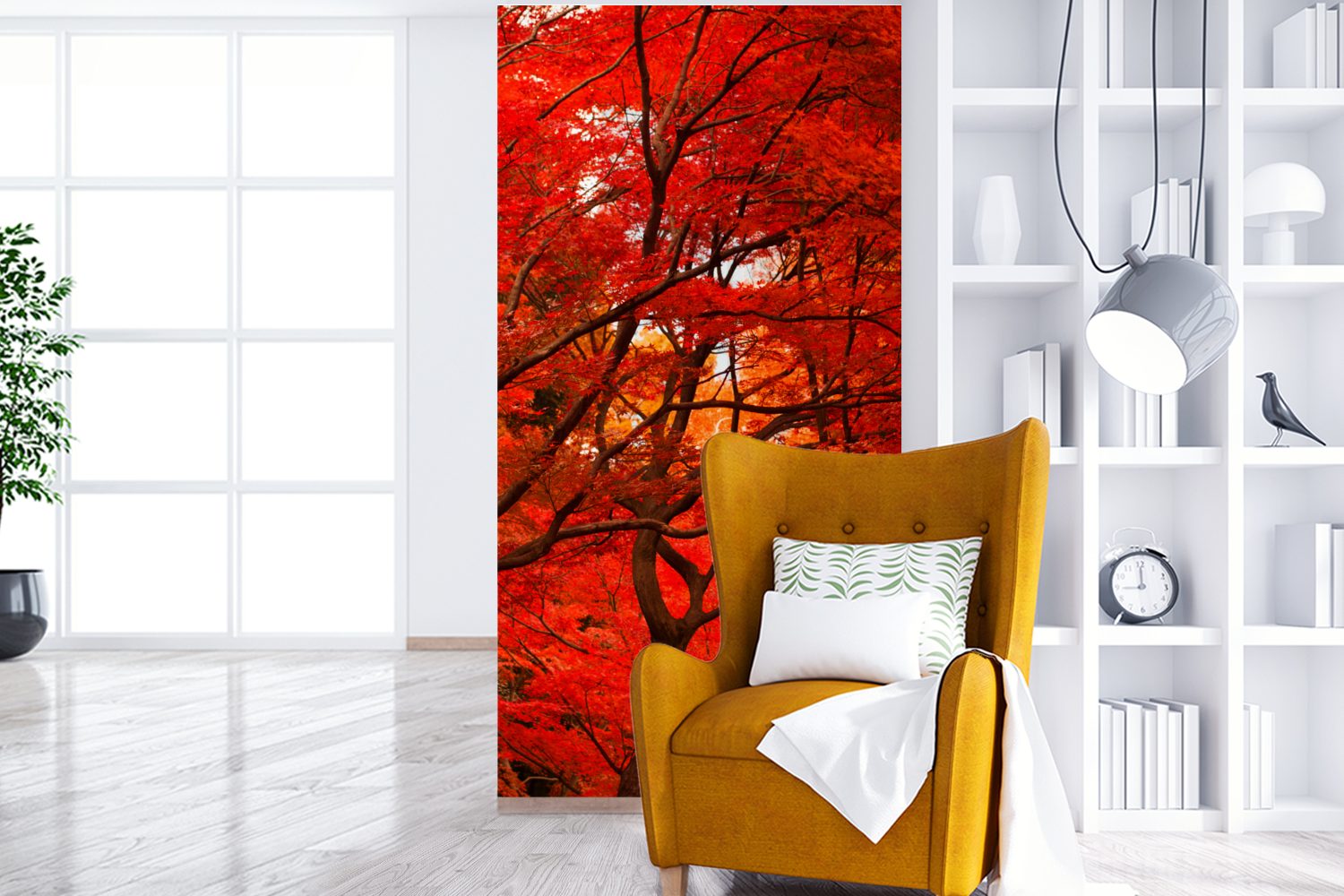 Schlafzimmer Vliestapete (2 MuchoWow Rot, - bedruckt, Wohnzimmer Herbst für Matt, - Fototapete Küche, Fototapete Wald St),