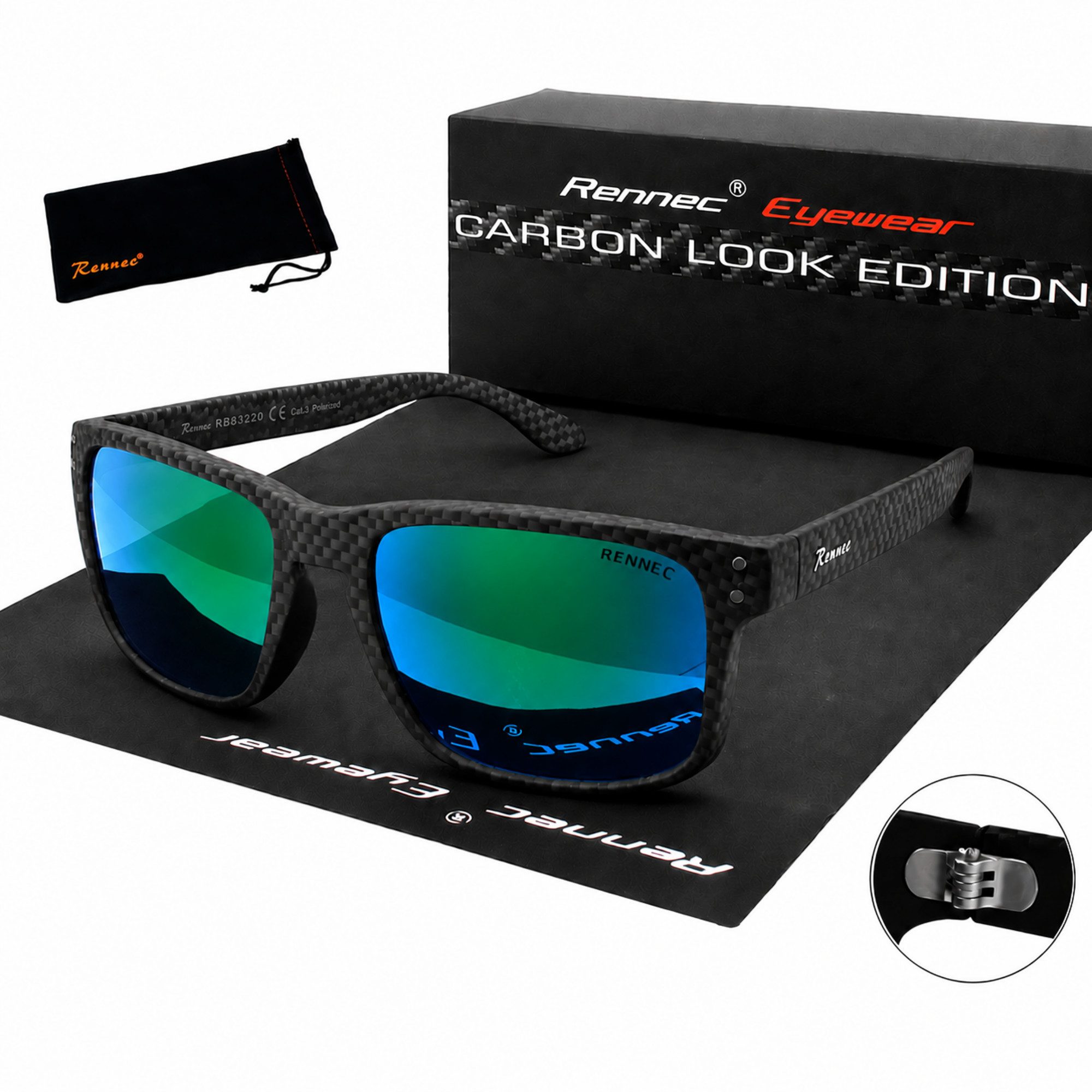 Rennec Sonnenbrille Herren Rechteckig Carbon Design Grün Blau Verspiegelt UV400 Markenbrille Motorsport, 3in2 Bügelgelenke, Markenschriftzug