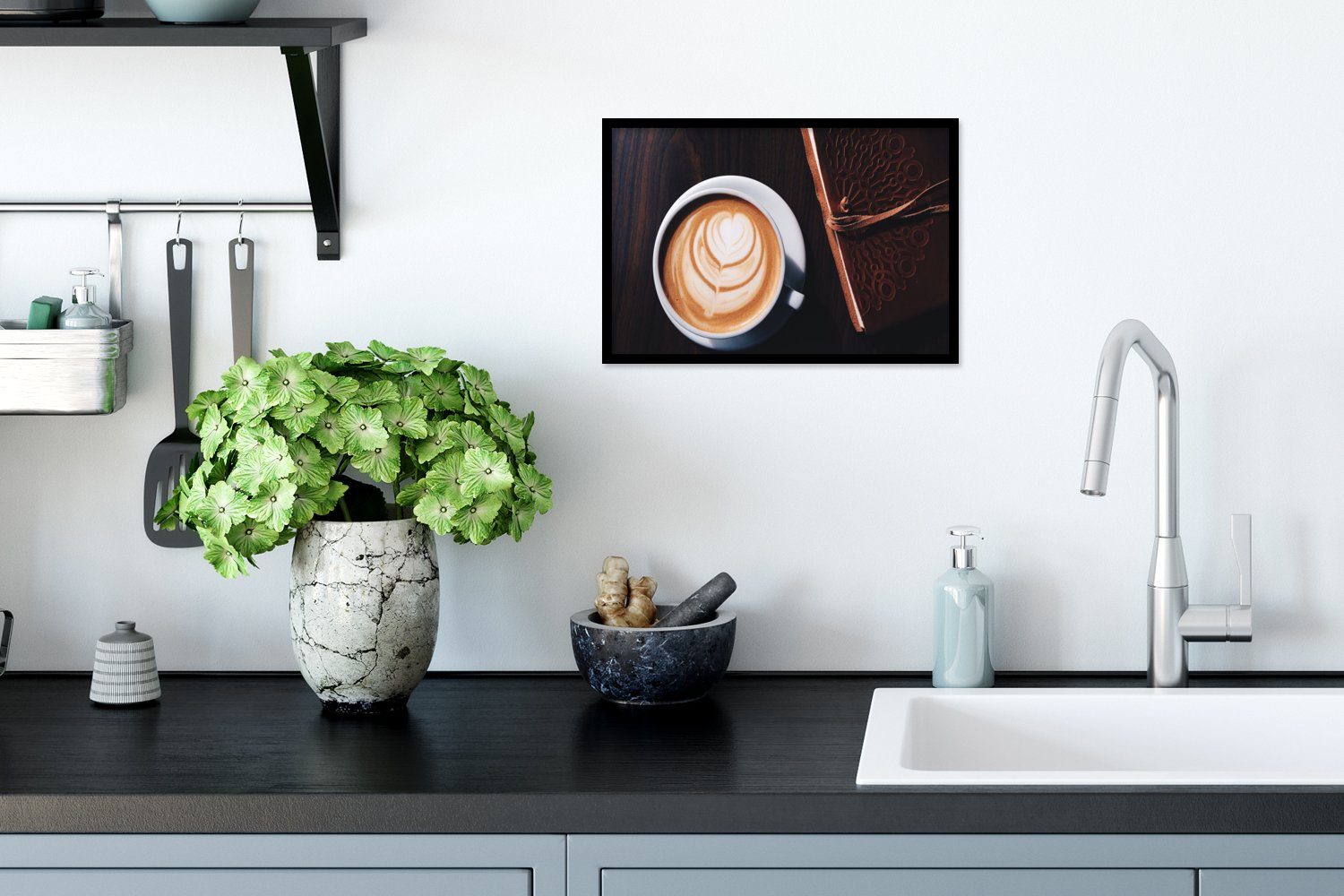 Milchkaffee, Kaffee MuchoWow - Bilder, - (1 Wanddeko, St), Zimt Poster Wandposter, Bilderrahmen Schwarzem Poster, Gerahmtes