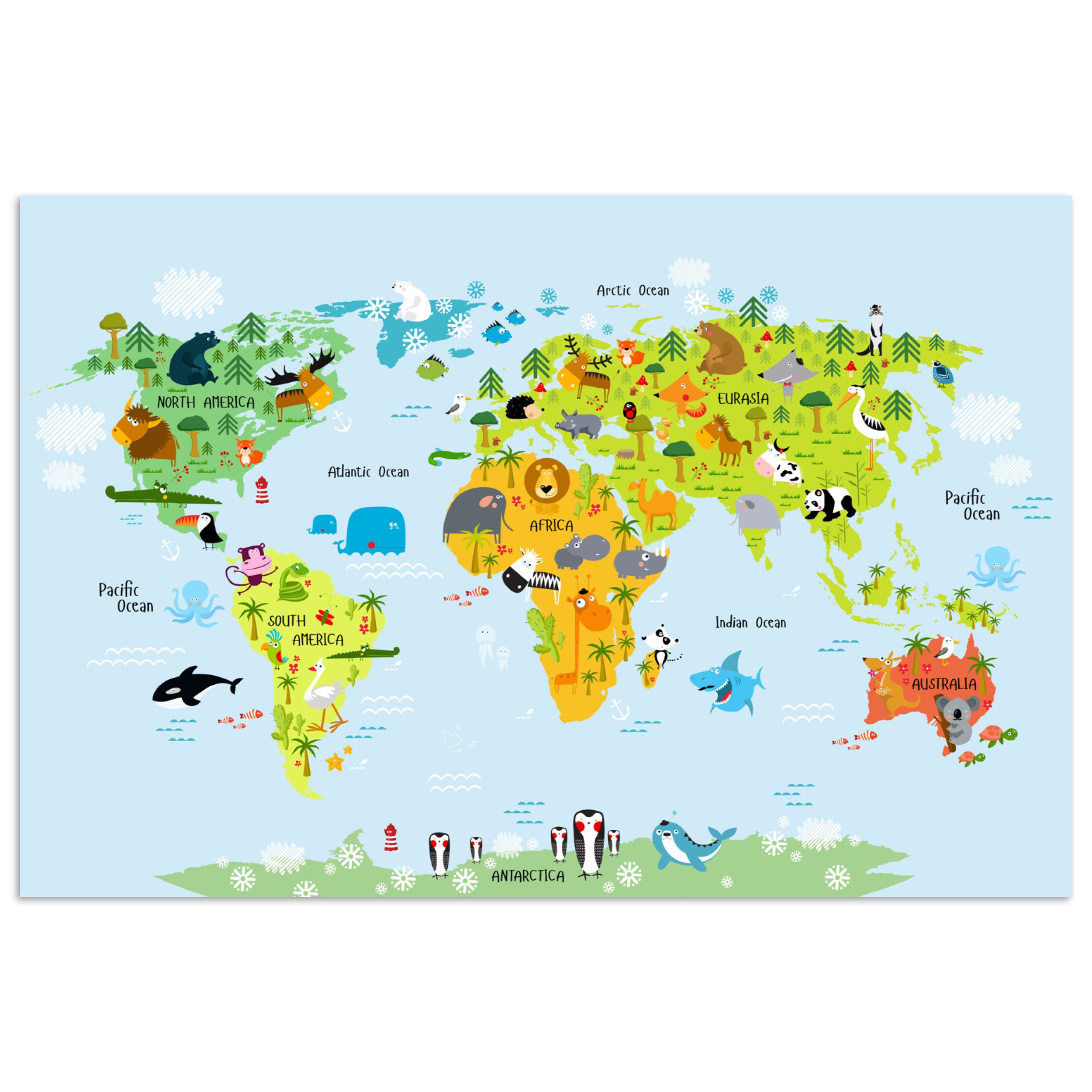 MuchoWow Poster Weltkarte - Kinder - Tiere - Natur - Jungen - Mädchen, (1 St), Poster ohne Rahmen, Wandbild, Wandposter, 30x20 cm
