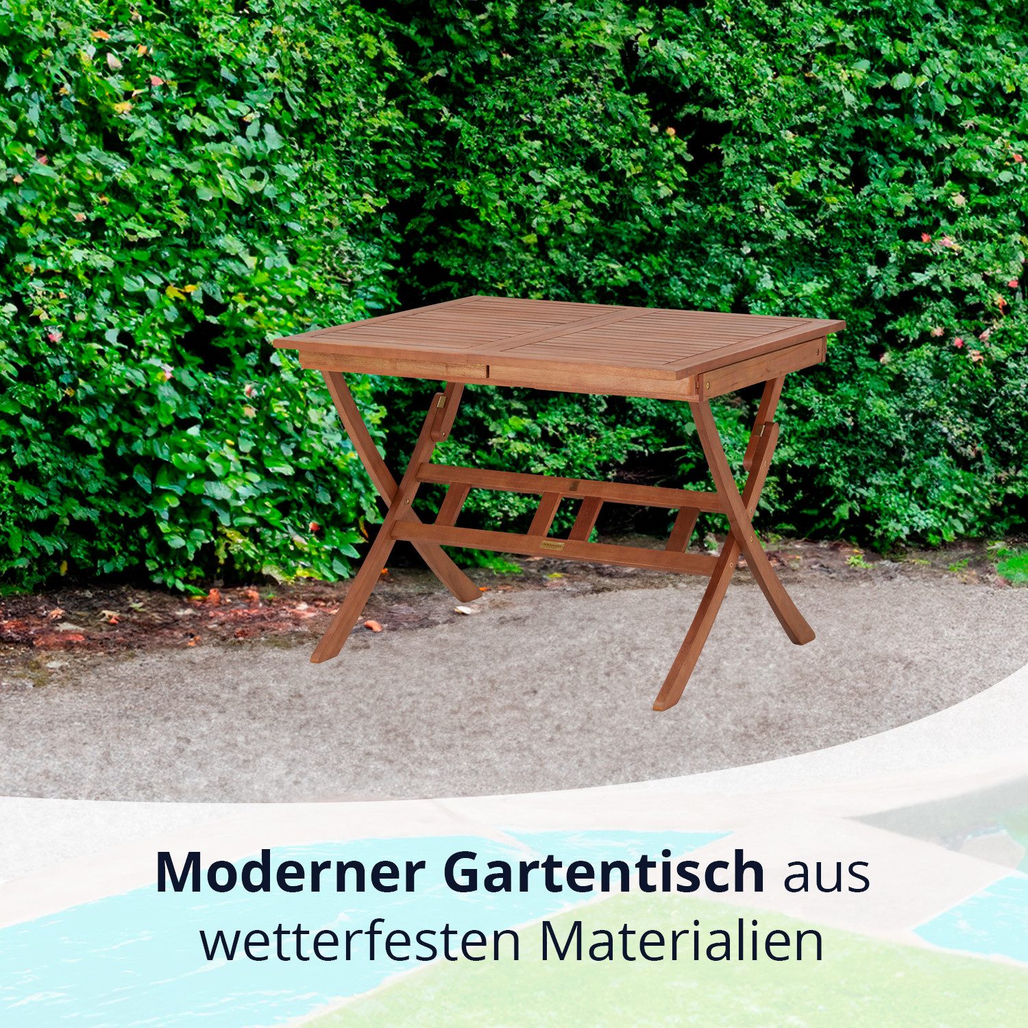 KHG Gartentisch Balkontisch 90x100 cm, ausziehbar auf 140 cm, bis 75 kg belastbar (Outdoor-Tisch mit Schirmloch), aus Eukalyptus-Holz, zum Schutz geölt, FSC-Zertifiziert
