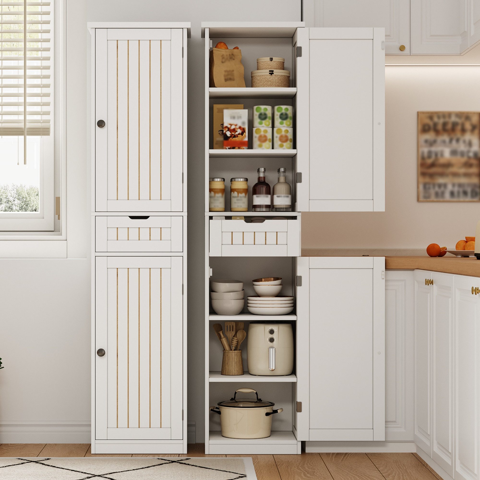 Flieks Hochschrank Mehrzweckschrank mit Schublade und verstellbaren Einlegeböden (170×40×30 cm, 1-St) Multifunktional Küchenschrank Eckschrank Highboard Weiß