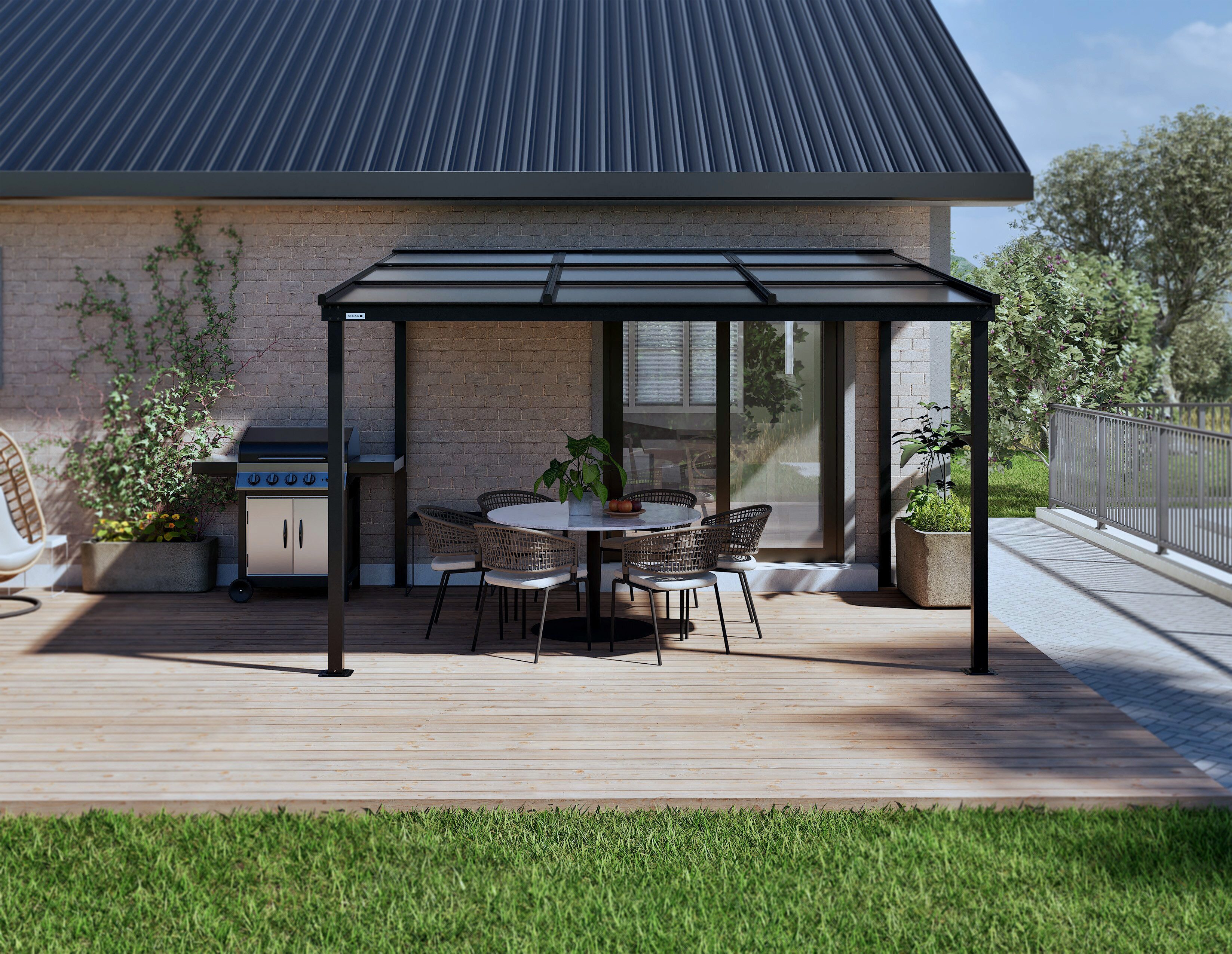 Sojag Terrassendach Terrassenüberdachung Budavar Schwarz, BxT: 367x299 cm, Inkl. Moskitonetzen & Vorhängen