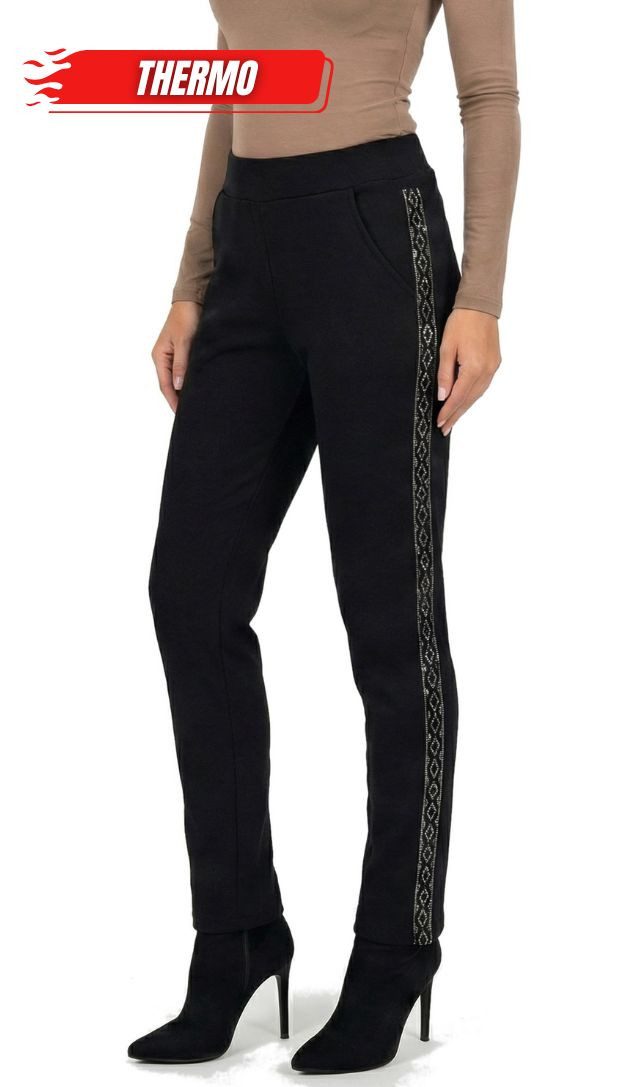 dy_mode Thermohose Damen Thermo Hose mit Glitzer Streifen Warm gefütterte Winterhose in Unifarbe, Middel Waist, mit Innenfutter, mit elastischem Bund
