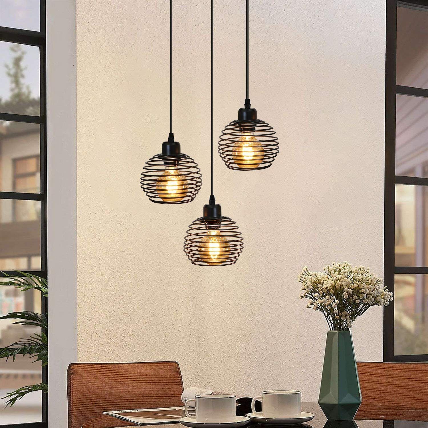 ZMH Pendelleuchte Vintage Schwarz E27 Retro, Esstischlampe 3-flammig wechselbar, Pendellampe LED aus Metall