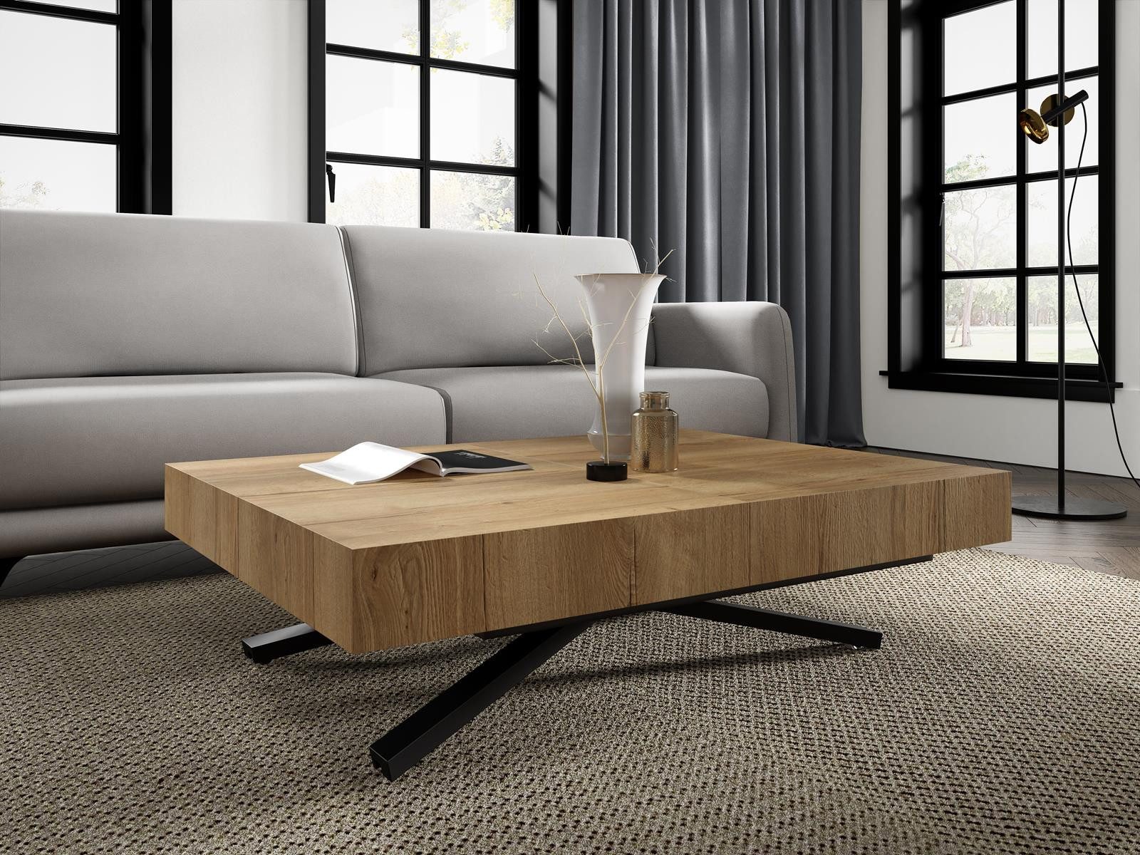 Compleo Couchtisch ausziehbar und höhenverstellbar, Eiche halifax/braun