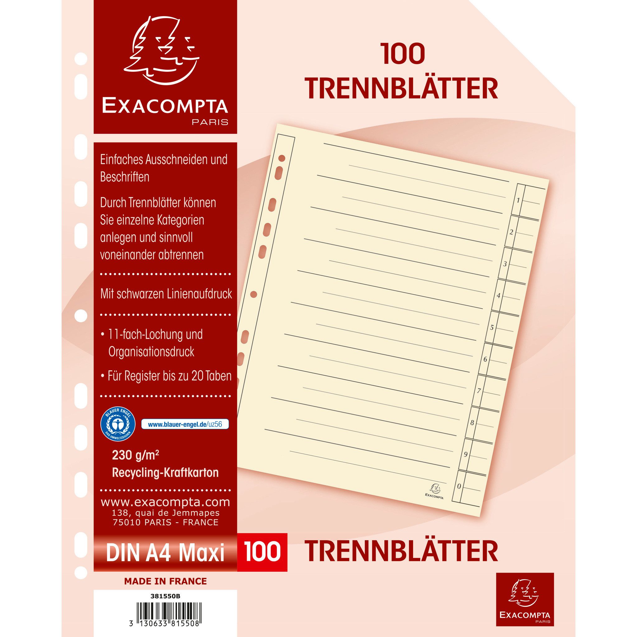 EXACOMPTA Aktenordner 100x Trennblätter 24 x 30cm 230g/m2 100er Poly Chamois 381550B, Register