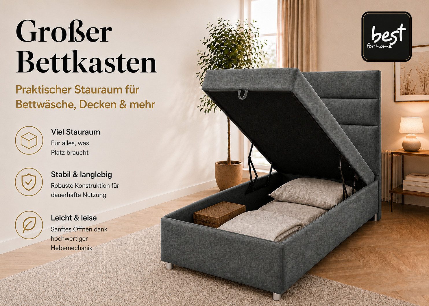 Best for Home Boxspringbett Trinity K-4 Single 5cm Topper Bonell Bettkasten (Einzelbett, Polsterbett mit gepolstertes Kopfteil, Jugendbett, Kinderbett versch. Größen, 1-St., 70x200 80x200 90x200 100x200 cm), Stauraum; ergonomischer Schlafkomfort; modernes Design